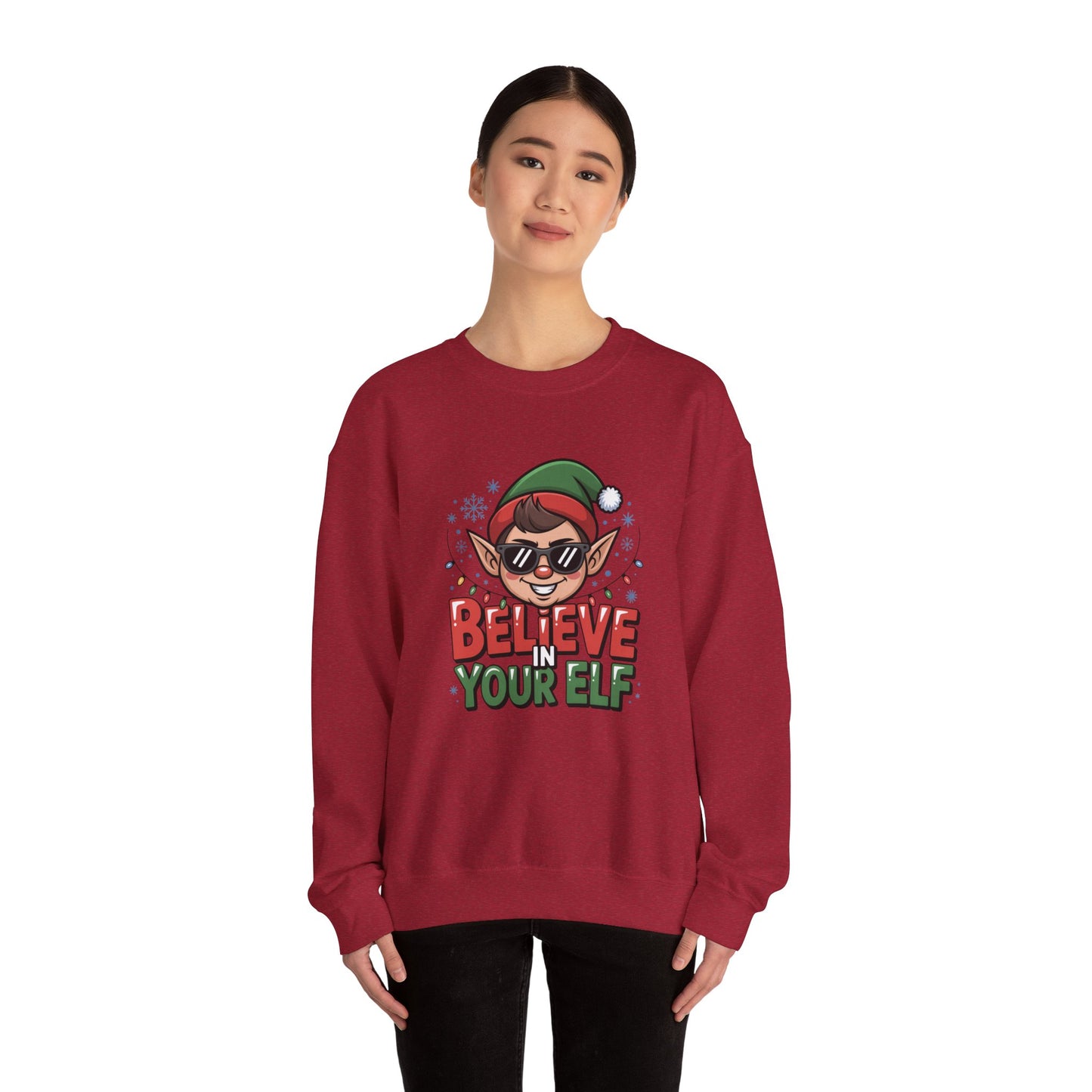 Believe In Your Elf Christmas Sweatshirt, Funny Elf Holiday Sweater, Unisex Christmas Crewneck, Festive Gift For Friends And Family