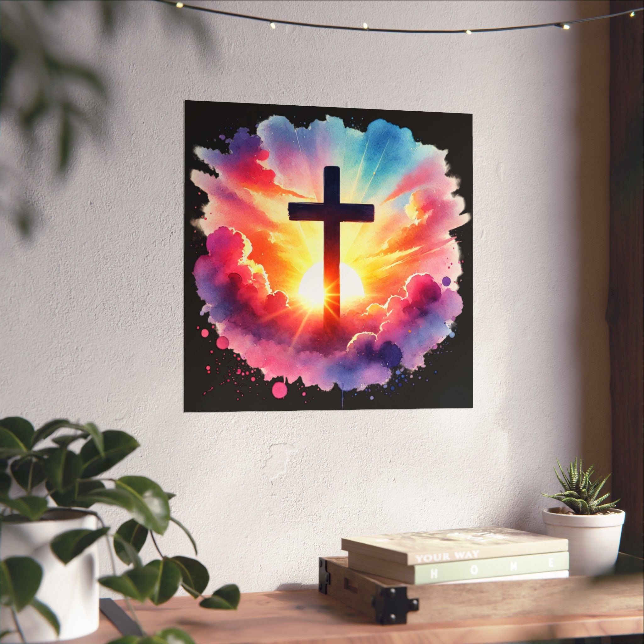 Inspirational Christian Poster Watercolor Cross and Sunset Easter Deco ...