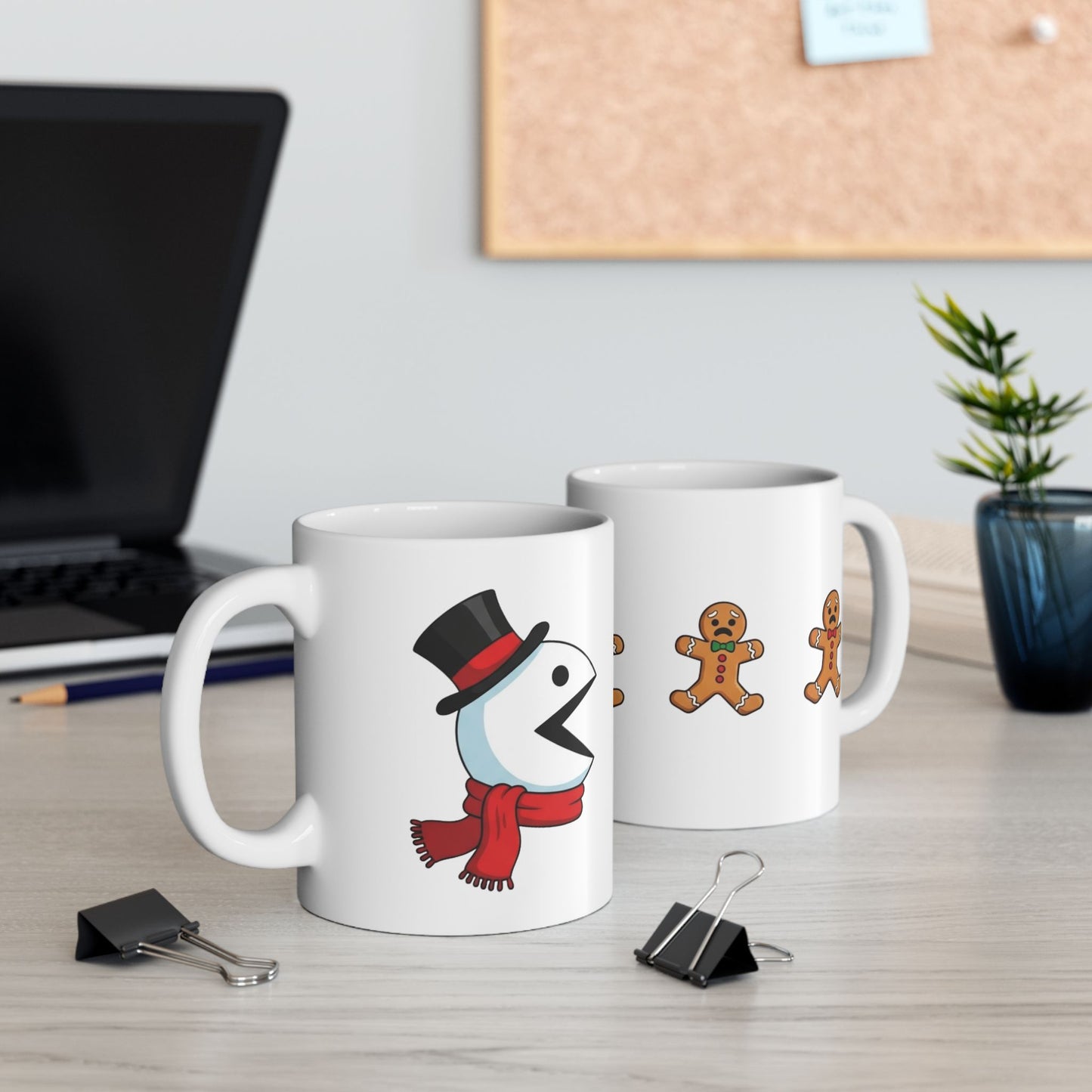 Funny Christmas Mug, Snowman and Gingerbread Mug, Holiday Coffee Cup Gift, Cute Winter Hot Cocoa Mug, Playful Festive Arcade Design