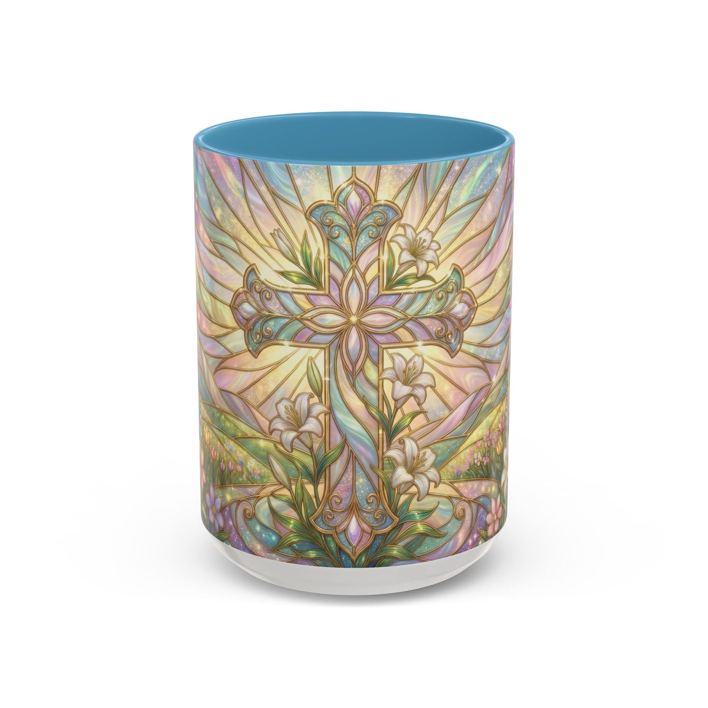 Stained Glass Cross Mug, Easter Lily Coffee Cup, Christian Religious Gift, Pastel Floral Faith Mug, Spring Believer Cup, Baptism Present