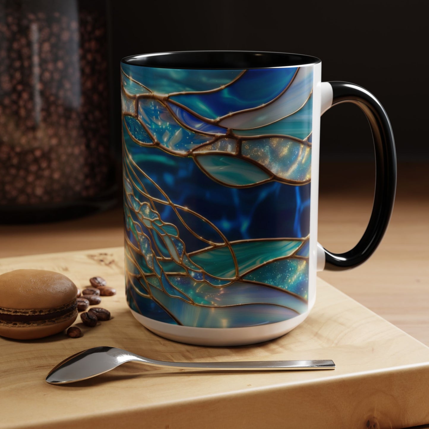 Stained Glass Jellyfish Mug, Ocean Art Coffee Cup, Nautical Sea Life Mug, Blue Teal Gold Glass Style Mug, Gift For Ocean Lovers Decor