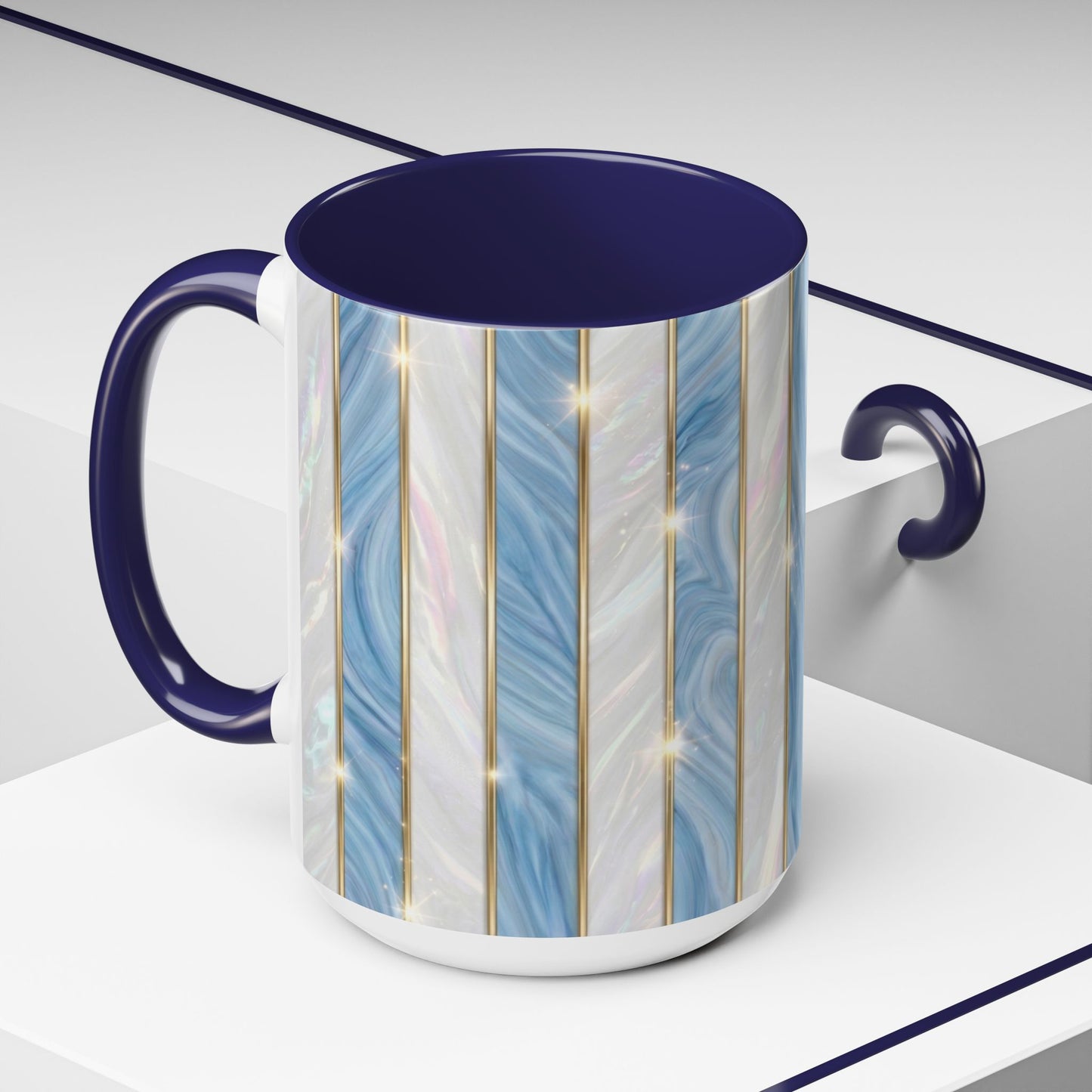 Faux Stained Glass Mug, Blue Pearlescent Coffee Cup, Art Deco Stained Glass Decor, Elegant Gold Stripe Teacup, Unique Art Gift For Her