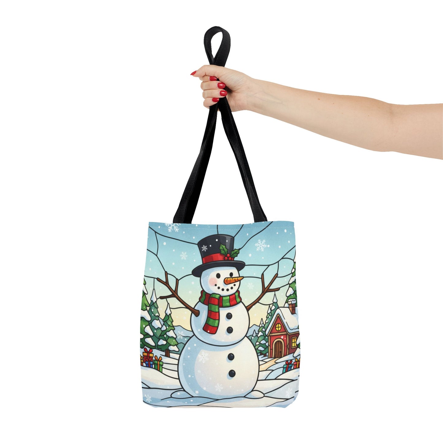 Stained Glass Snowman Christmas Tote Bag, Holiday Art Tote, Festive Winter Gift Bag, Colorful Christmas Scene Reusable Shopping Bag