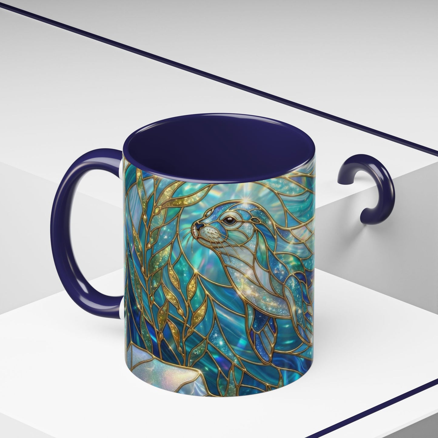 Seal Coffee Mug, Stained Glass Seal Mug, Cute Marine Animal Art Mug, Ocean Lover Gift, Unique Ceramic Coffee Cup, 11oz 15oz Coastal Mug