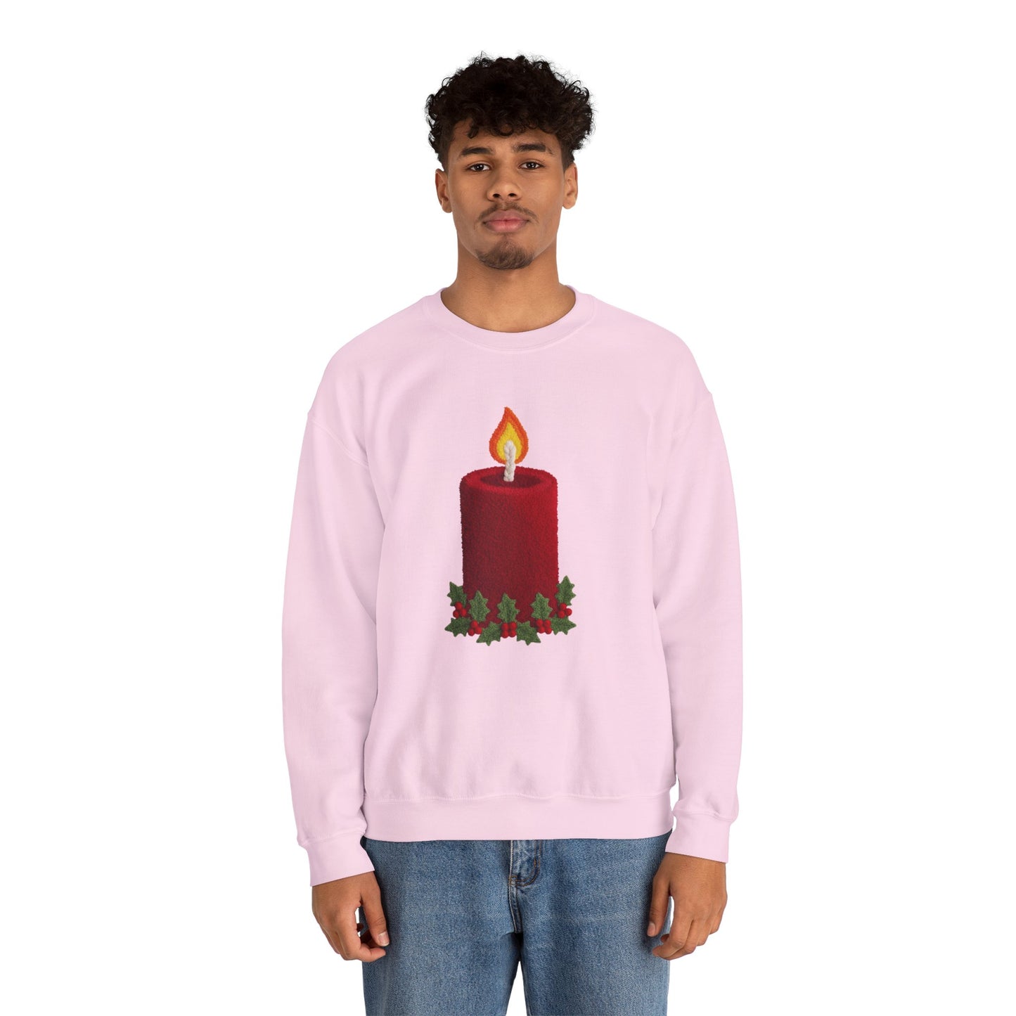 Faux Patchwork Crochet Candle Sweatshirt, Christmas Candle Sweater, Holiday Cozy Winter Crewneck, Cute Xmas Candle Sweatshirt, Unisex Holiday Top