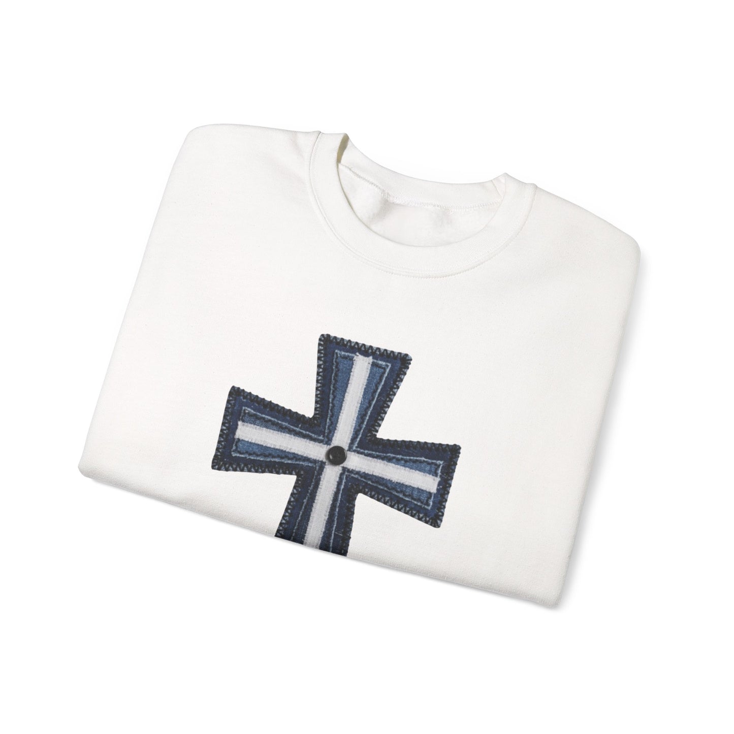 Faux Patchwork Cross Sweatshirt, Christian Patchwork Style Crewneck, Faith Gift for Women Men, Rustic Cross Sweatshirt, Religious Xmas Gift