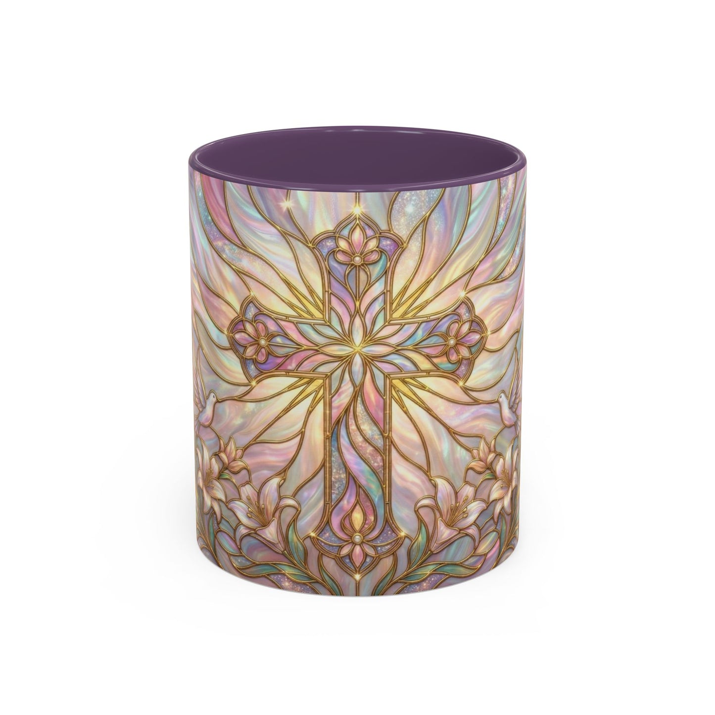 Stained Glass Cross Mug, Easter Lily Coffee Cup, Christian Gift for Women, Pastel Religious Drinkware, Dove and Faith Cup, Spiritual