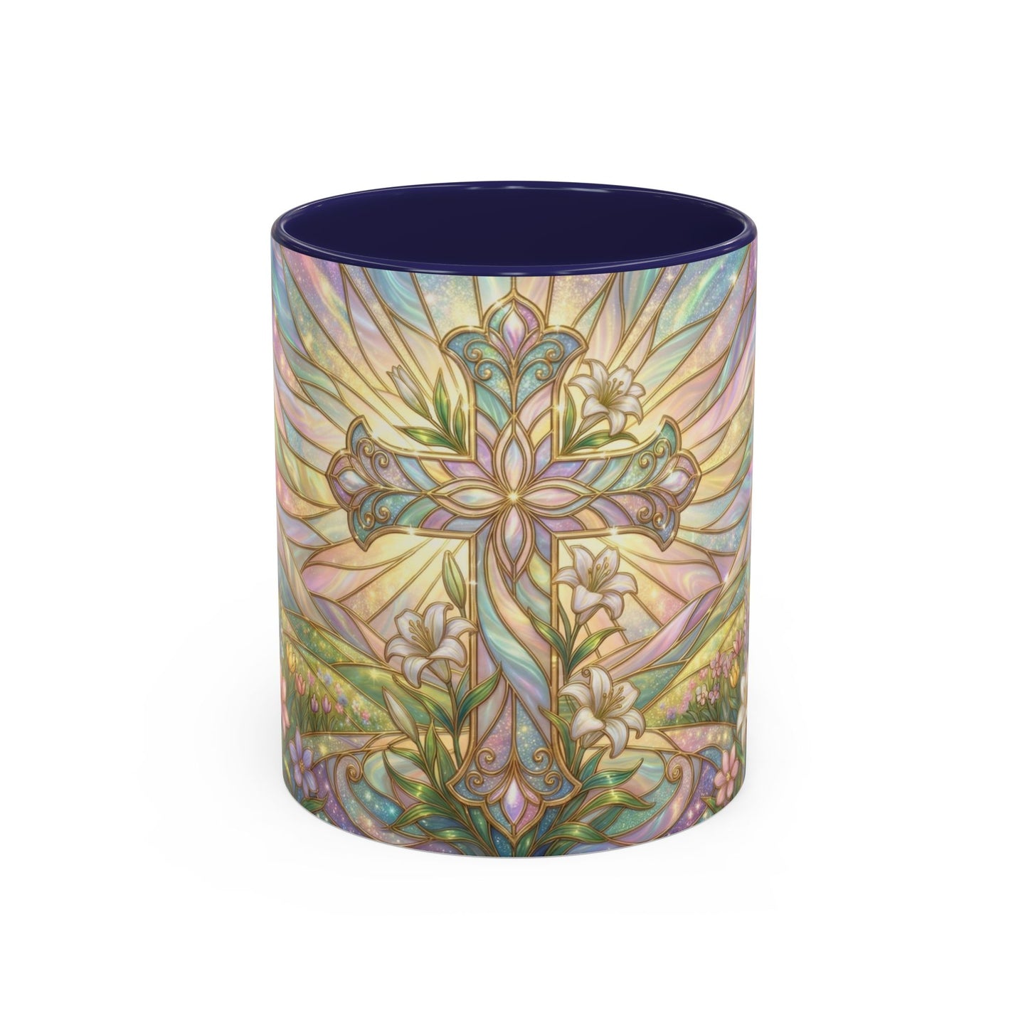 Stained Glass Cross Mug, Easter Lily Coffee Cup, Christian Religious Gift, Pastel Floral Faith Mug, Spring Believer Cup, Baptism Present