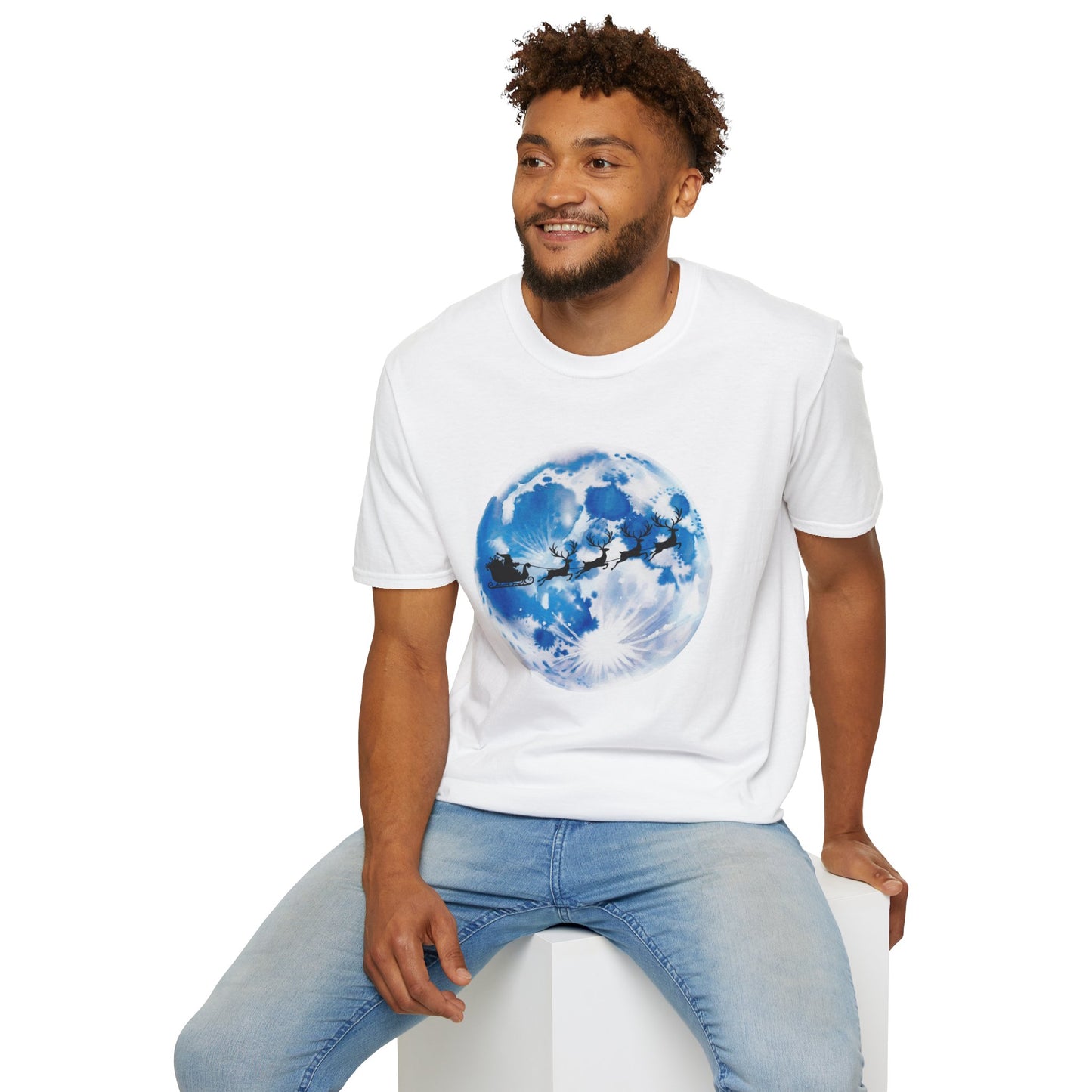 Santa Moon Christmas T-Shirt, Reindeer Sleigh Christmas Tee, Holiday Moonlight Xmas Shirt, Festive Christmas Graphic Tee, Winter Night Christmas Gift Tee