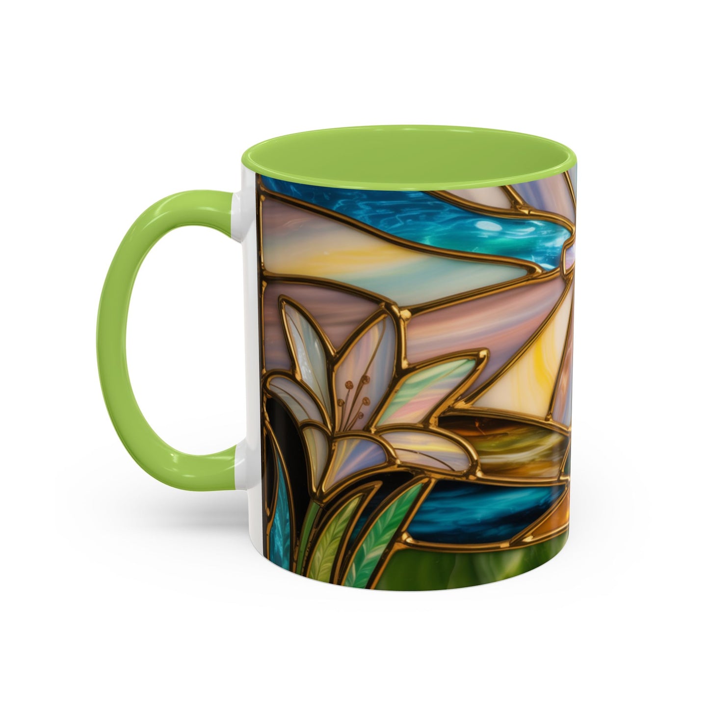 Stained Glass Cross Mug, Christian Sunrise Coffee Cup, Religious Floral Art Mug, Inspirational Faith Gift For Women, Colorful Stained Glass Design