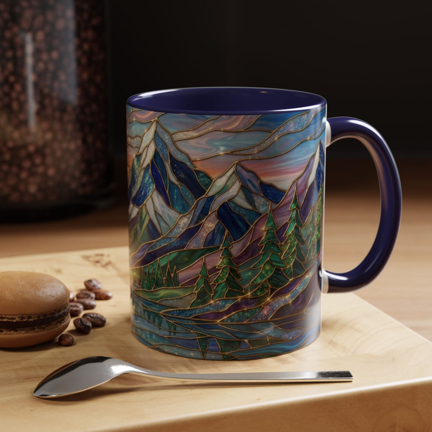 Stained Glass Mountain Mug, Sunset Mountain Landscape Coffee Cup, Nature Ceramic Mug With Forest And River, 11oz 15oz Gift