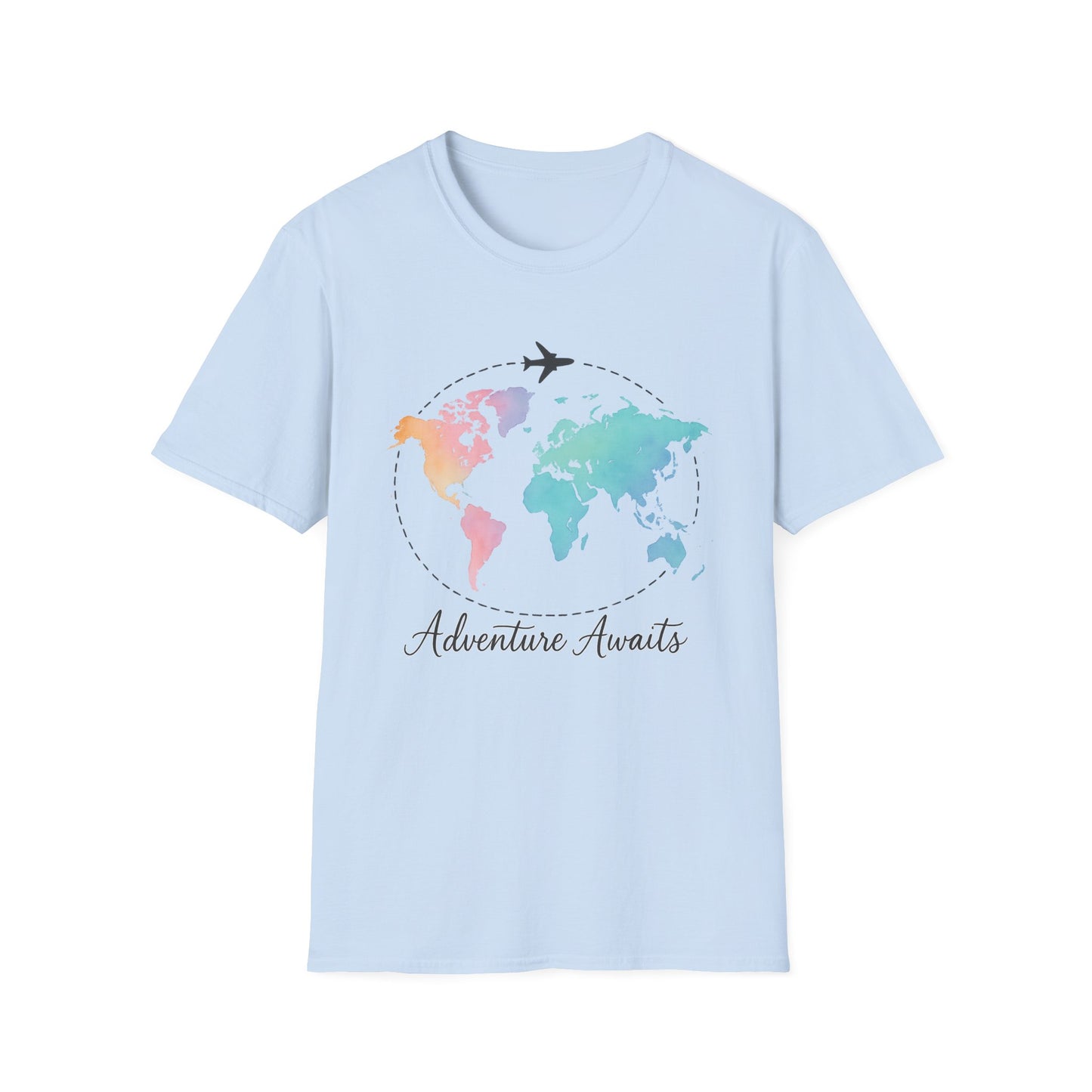 Adventure Awaits Travel Shirt | Watercolor World Map Tee for Women and Men | Wanderlust Gift for Travelers, Hikers, Campers, Beach Lovers