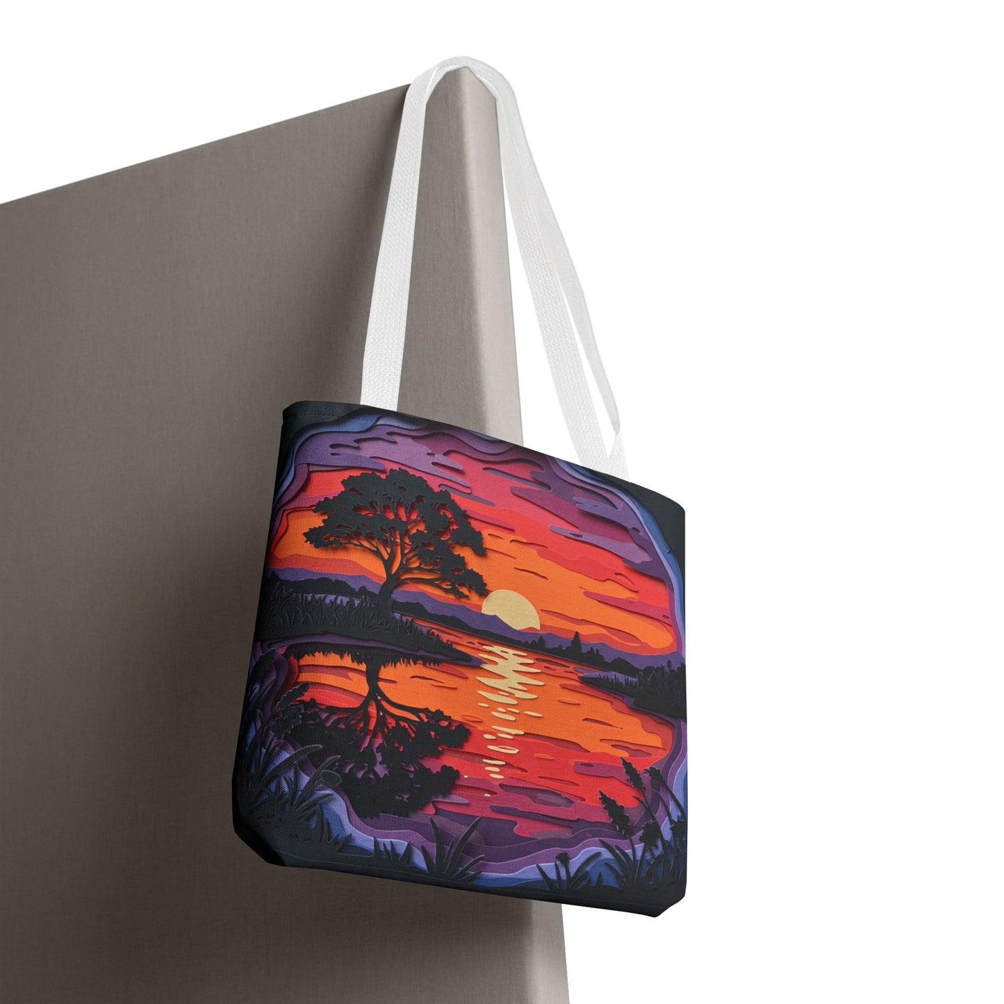 Sunset Landscape Canvas Tote Bag – Paper‑Art Inspired Nature Scene Tote – Colorful Sunset Market Tote, Eco Reusable Beach Bag, Vibrant Gift for Her