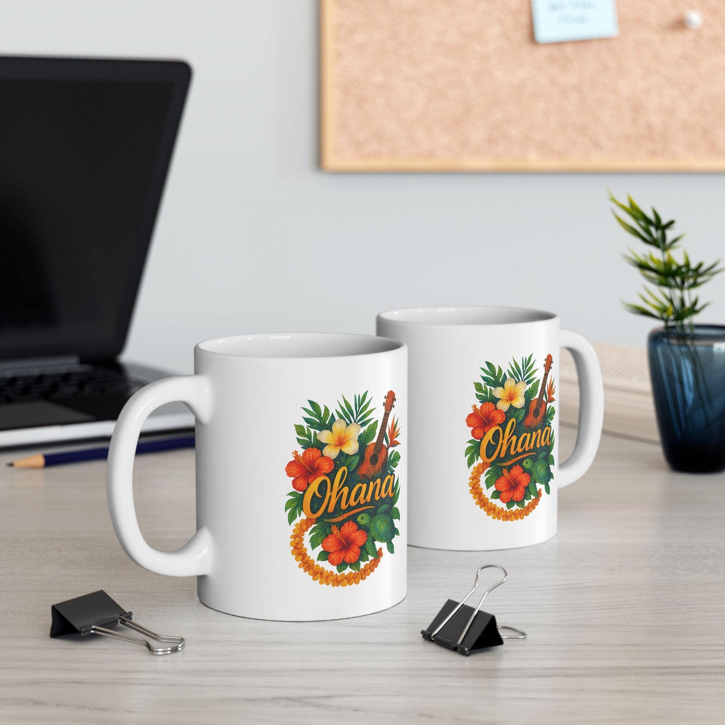 Ohana Hawaiian Mug - Tropical Coffee Cup with Ukulele & Hibiscus Flowers - Island Gift for Family, Friends, or Beach Lovers