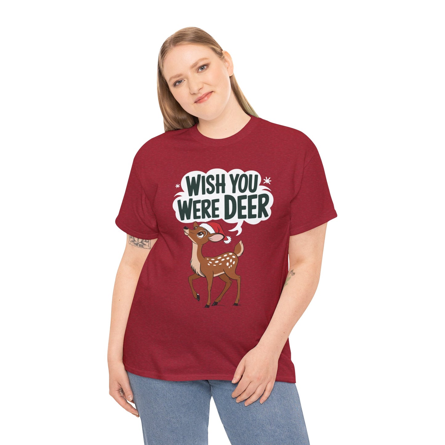 Wish You Were Deer Funny Christmas T-Shirt, Cute Reindeer Holiday Tee, Pun Christmas Shirt, Festive Santa Hat Deer Graphic Tee Gift