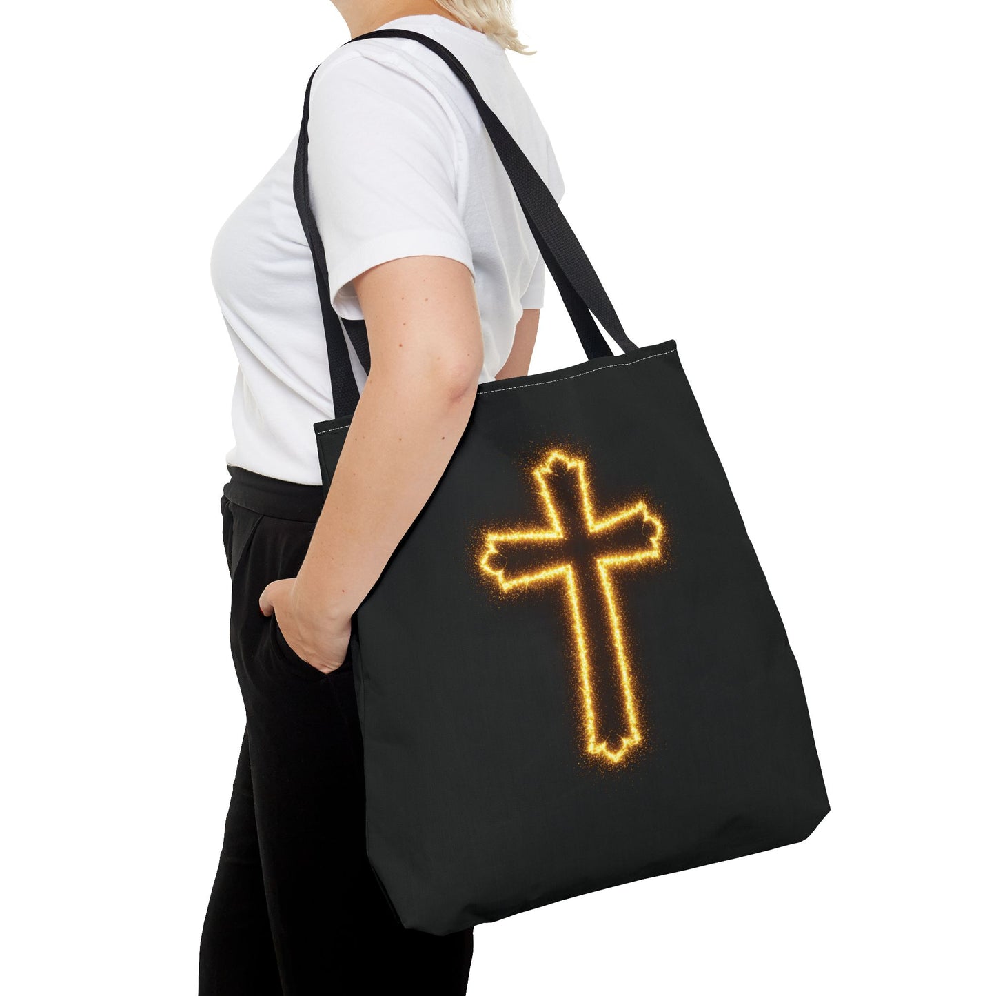 Christian Cross Tote Bag | Glowing Light Faith Bag | Inspirational Religious Gift | Black Canvas Tote | Spiritual Reusable Shopper