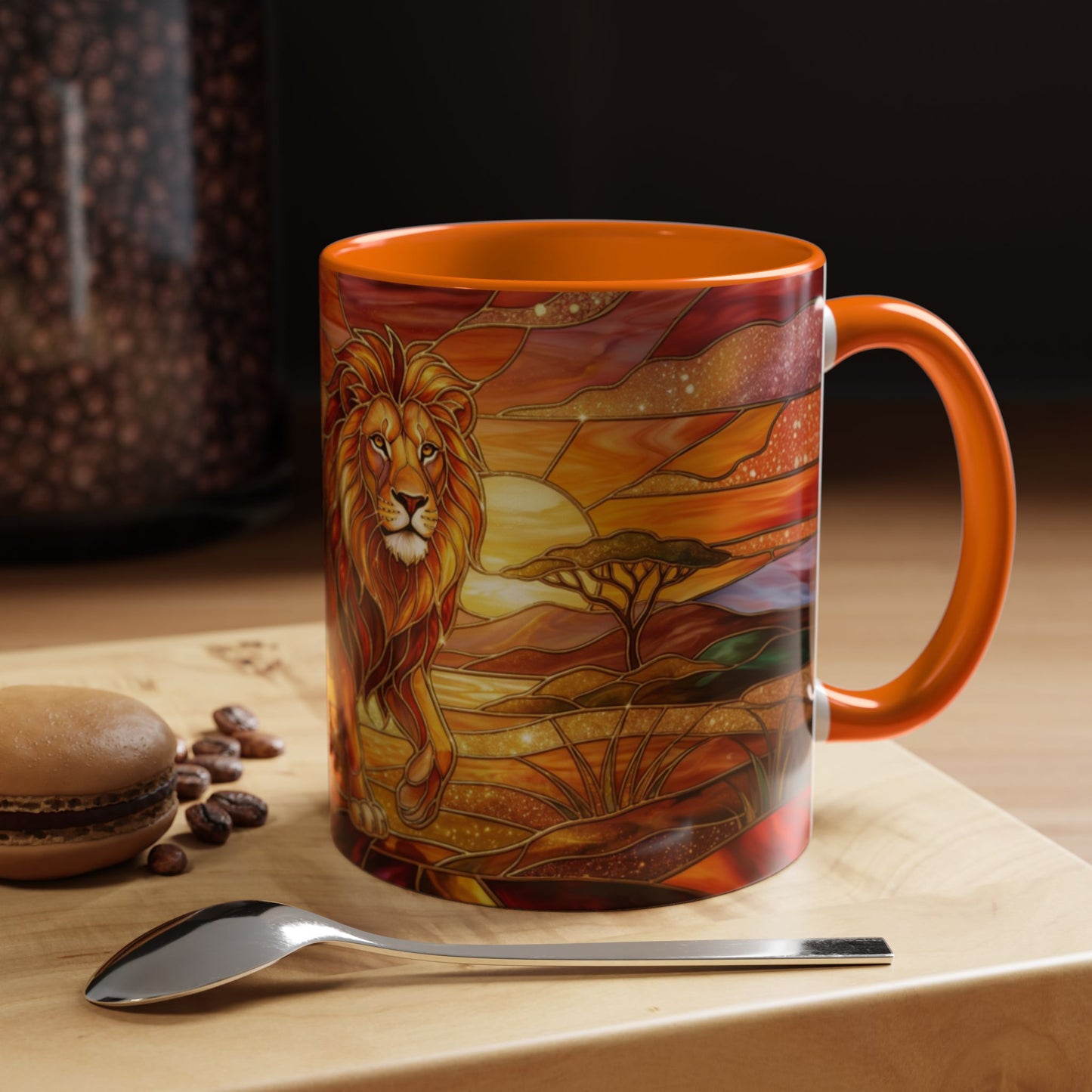 Stained Glass Lion Mug, Majestic Lion Coffee Cup, African Sunset Art Mug, Safari Wildlife Gift, Colorful Lion Lover Ceramic Mug