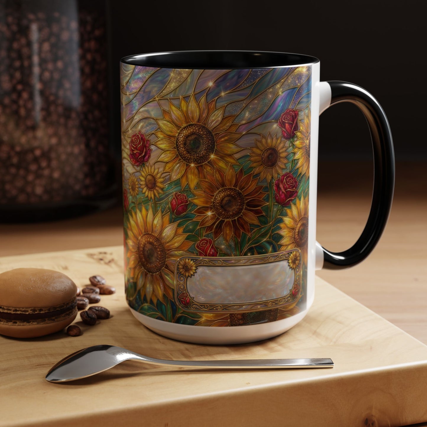 Personalized Stained Glass Sunflower Mug, Custom Red Rose Floral Coffee Cup, Celestial Night Sky Botanical Teacup, Gift For Flower Lover