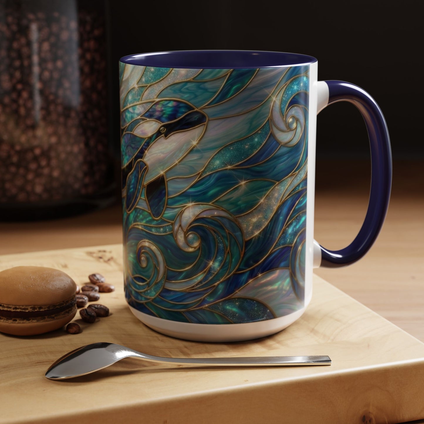 Orca Whale Coffee Mug, Ocean Art Mug, Stained Glass Whale Design, Marine Life Gift, Ceramic Coffee Cup, 11oz 15oz Waves Mug, Coastal Decor