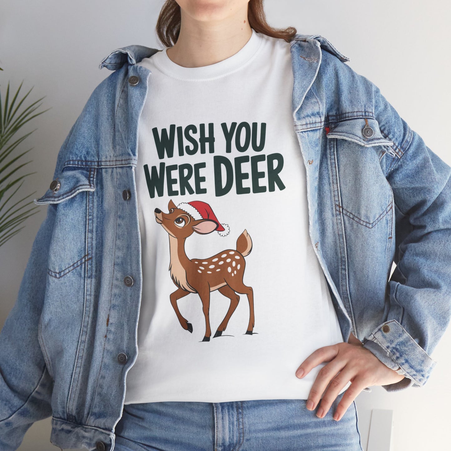 Wish You Were Deer Funny Christmas T-Shirt, Cute Reindeer Holiday Tee, Pun Christmas Shirt, Festive Santa Hat Deer Graphic Tee Gift