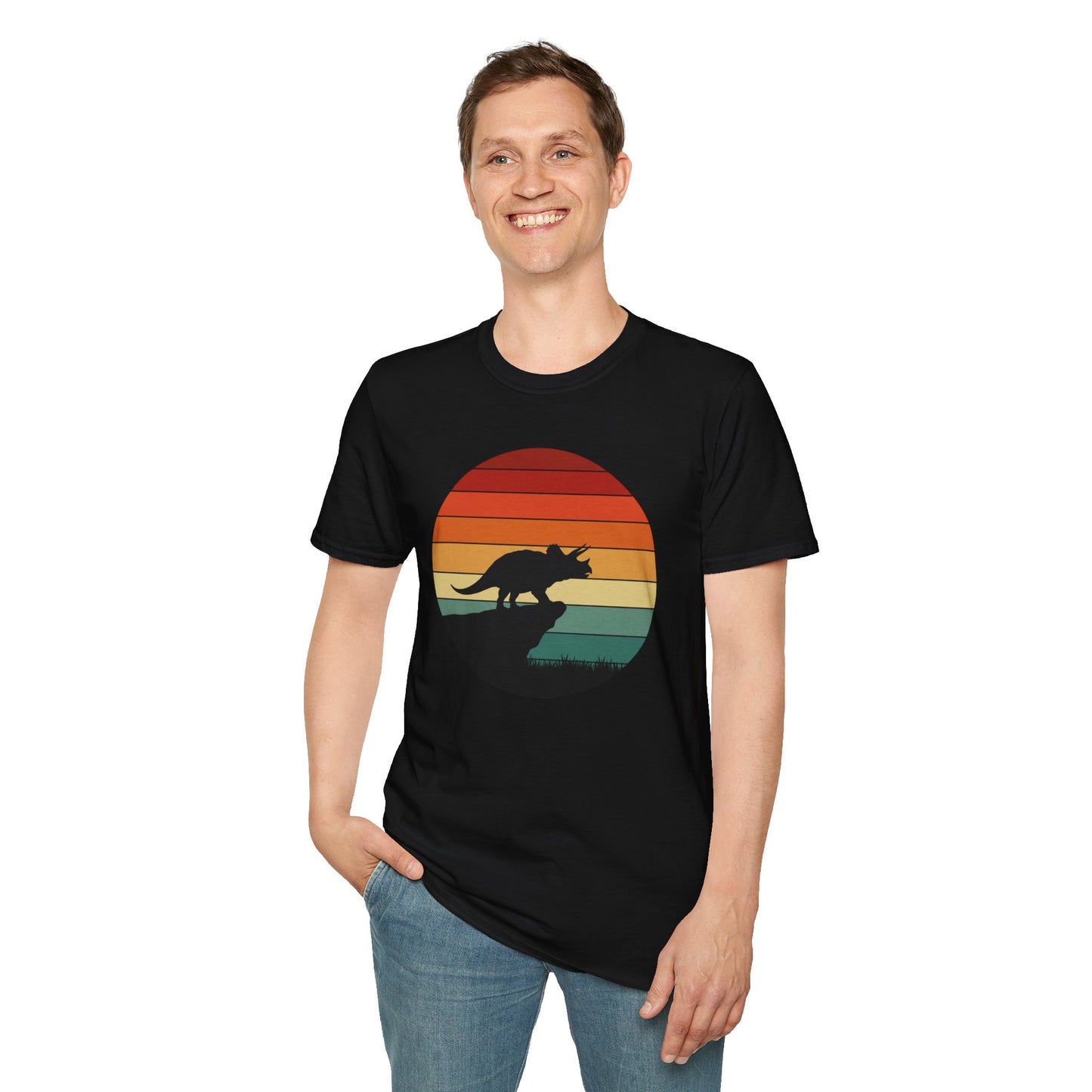 Retro Triceratops Sunset T-Shirt - Vintage Dino Graphic Tee - Unisex Softstyle Dinosaur Shirt - Nature and Prehistoric Lover Gift