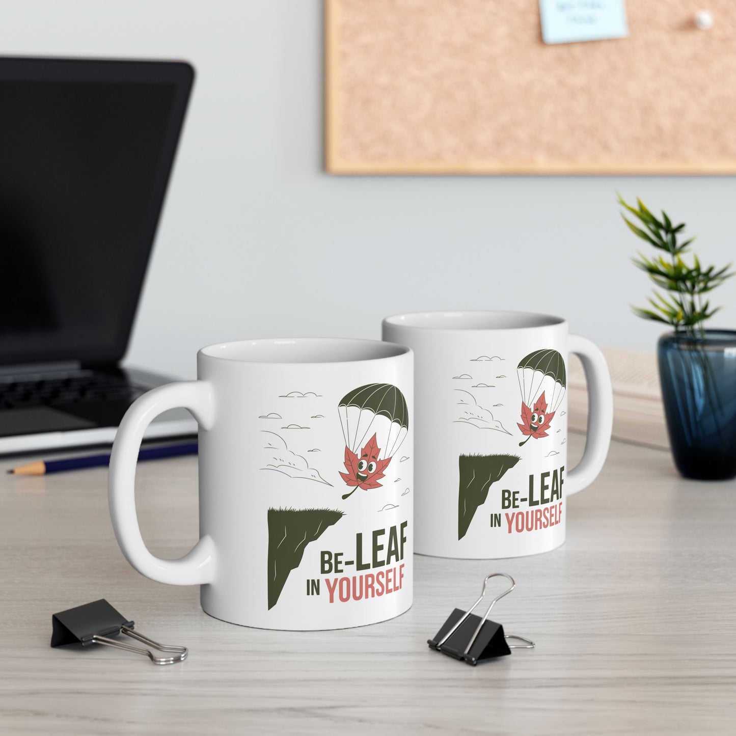 Be-Leaf In Yourself Mug – Motivational Leaf Parachute Design on Ceramic Coffee Cup, Positive Affirmation Gift for Fall Lovers & Nature Enthusiasts