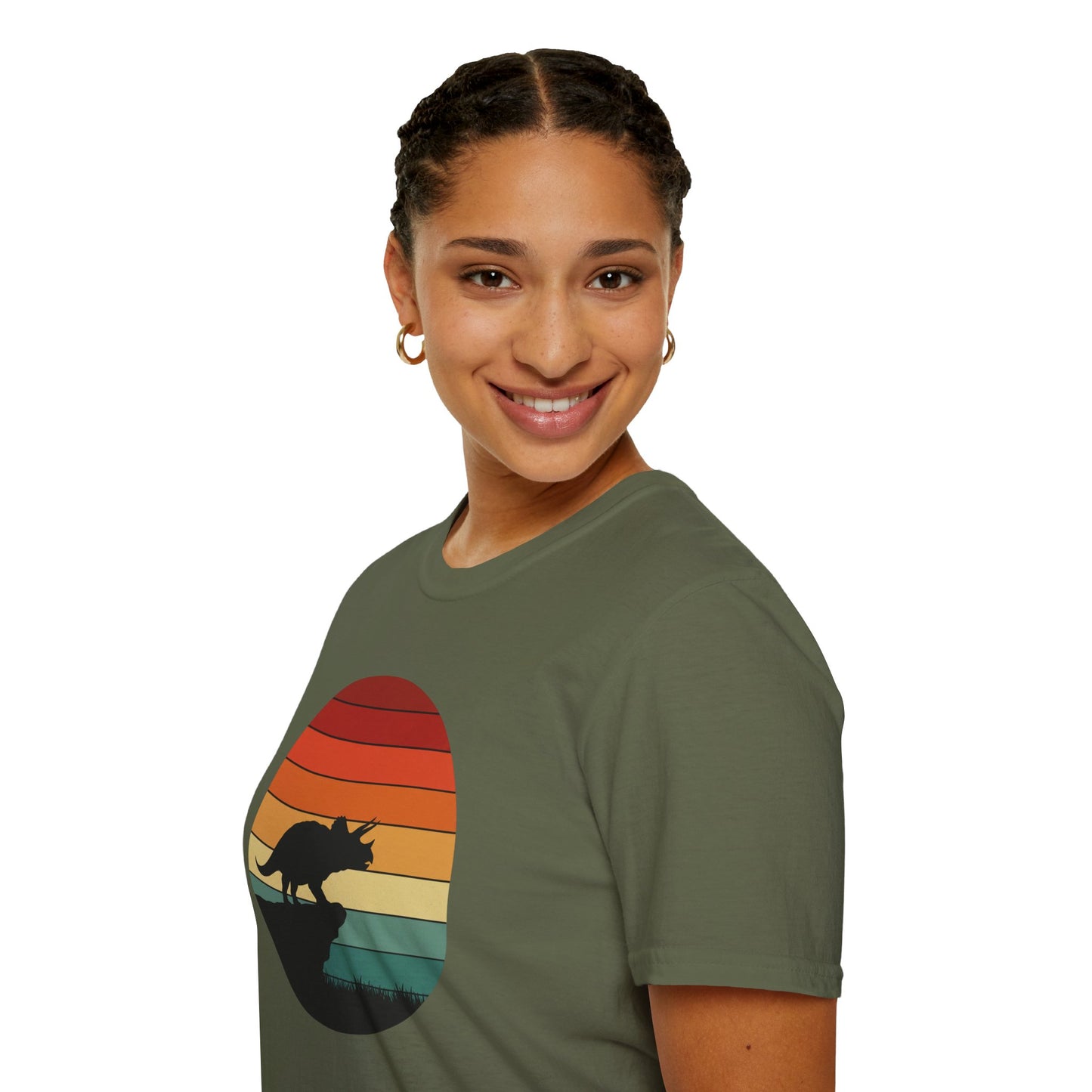 Retro Triceratops Sunset T-Shirt - Vintage Dino Graphic Tee - Unisex Softstyle Dinosaur Shirt - Nature and Prehistoric Lover Gift