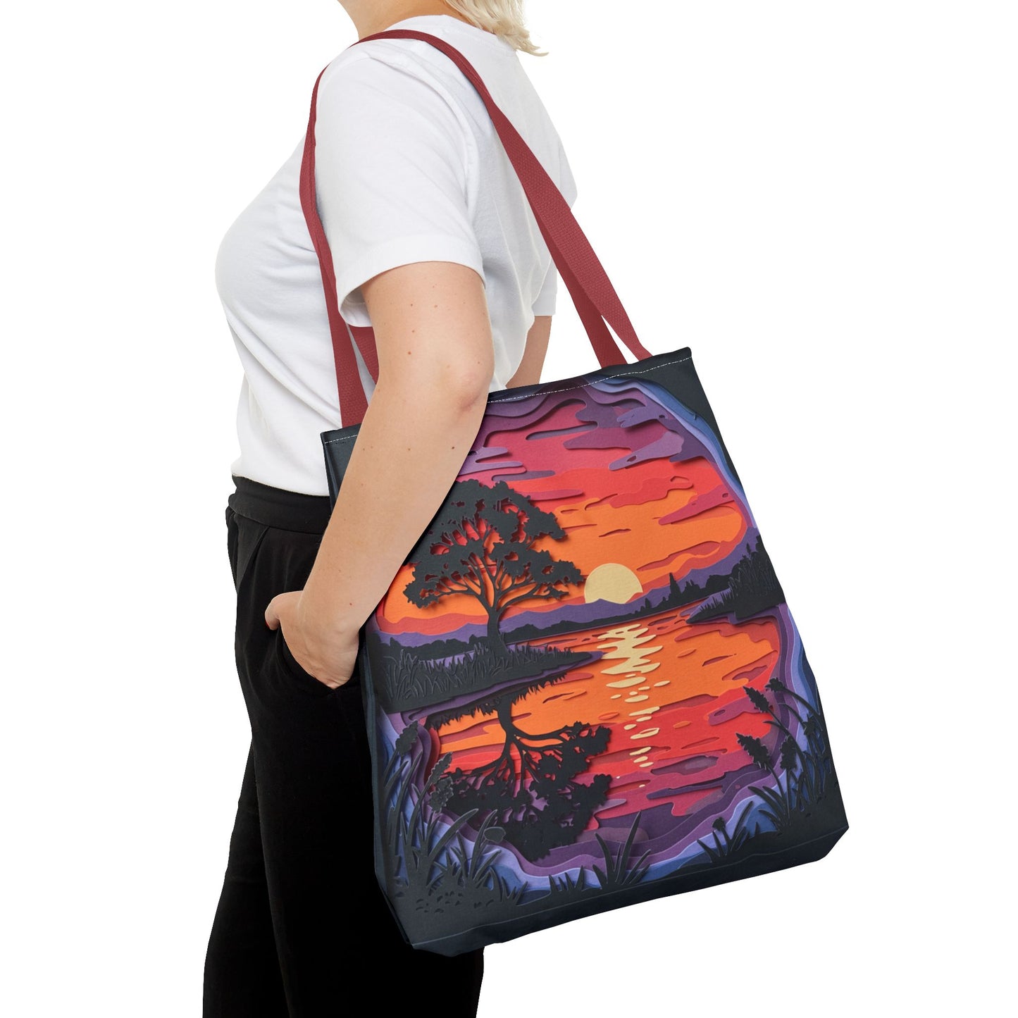 Sunset Landscape Canvas Tote Bag – Paper‑Art Inspired Nature Scene Tote – Colorful Sunset Market Tote, Eco Reusable Beach Bag, Vibrant Gift for Her