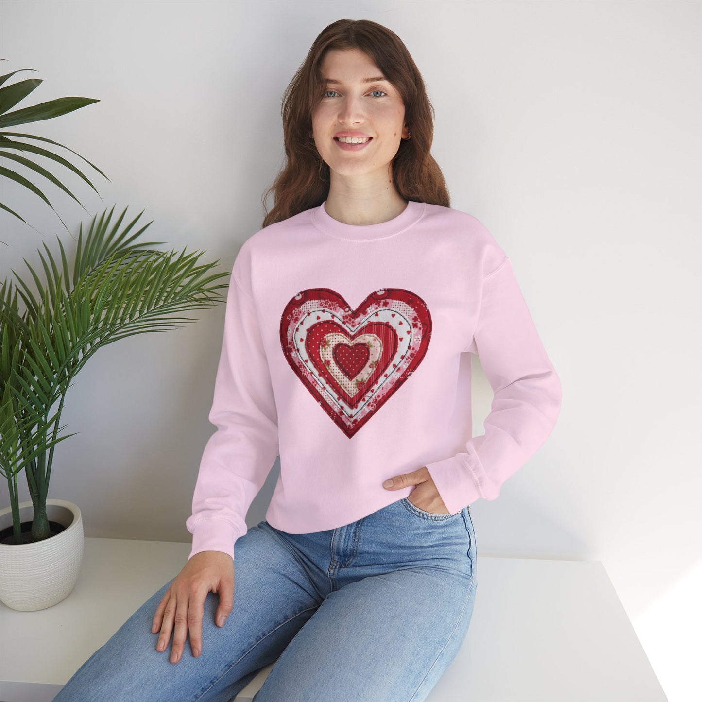 Faux Patchwork Heart Sweatshirt, Valentine Heart Shirt, Cute Valentine Gift, Retro Patchwork Crewneck, Cozy Love Sweater, Boho Heart Top