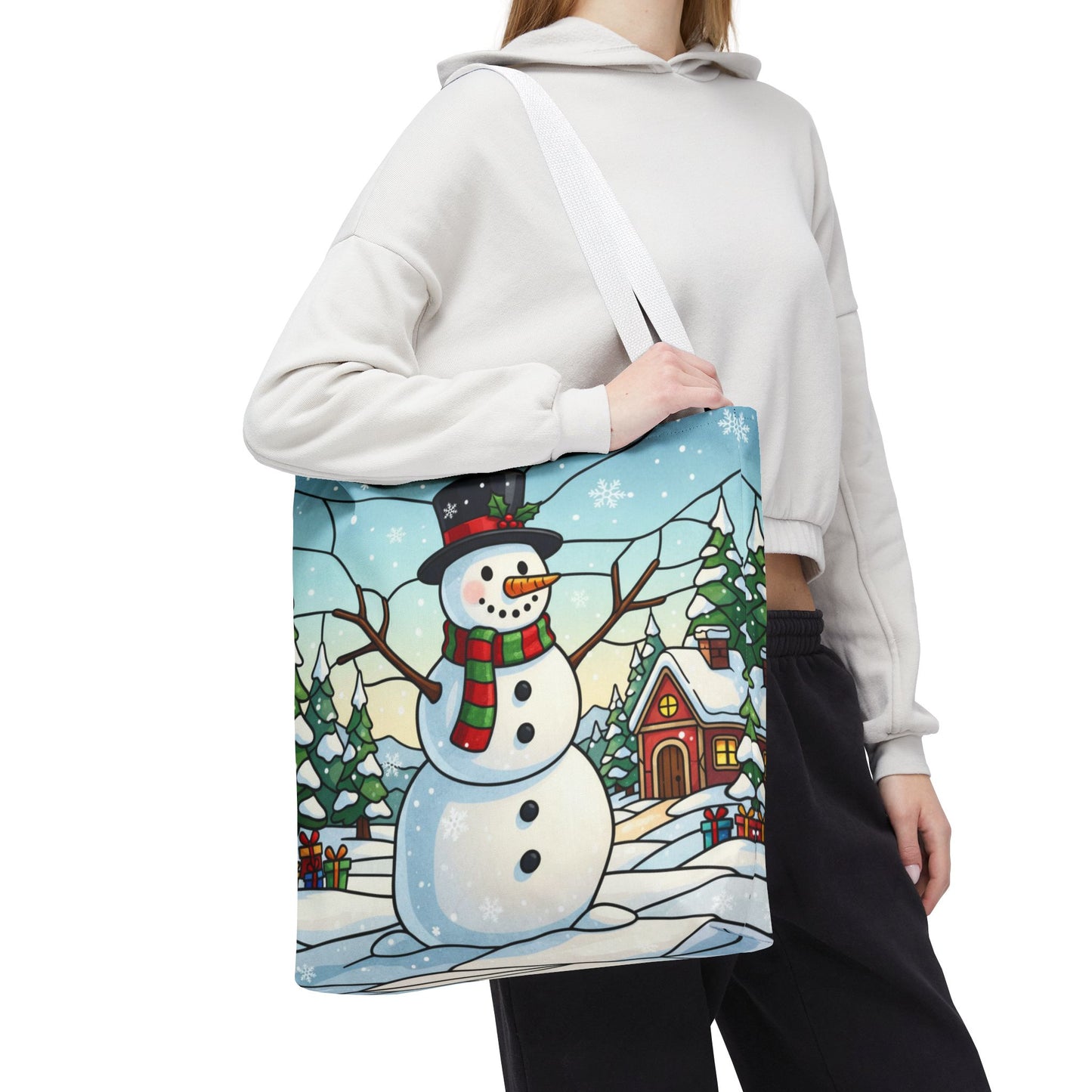 Stained Glass Snowman Christmas Tote Bag, Holiday Art Tote, Festive Winter Gift Bag, Colorful Christmas Scene Reusable Shopping Bag