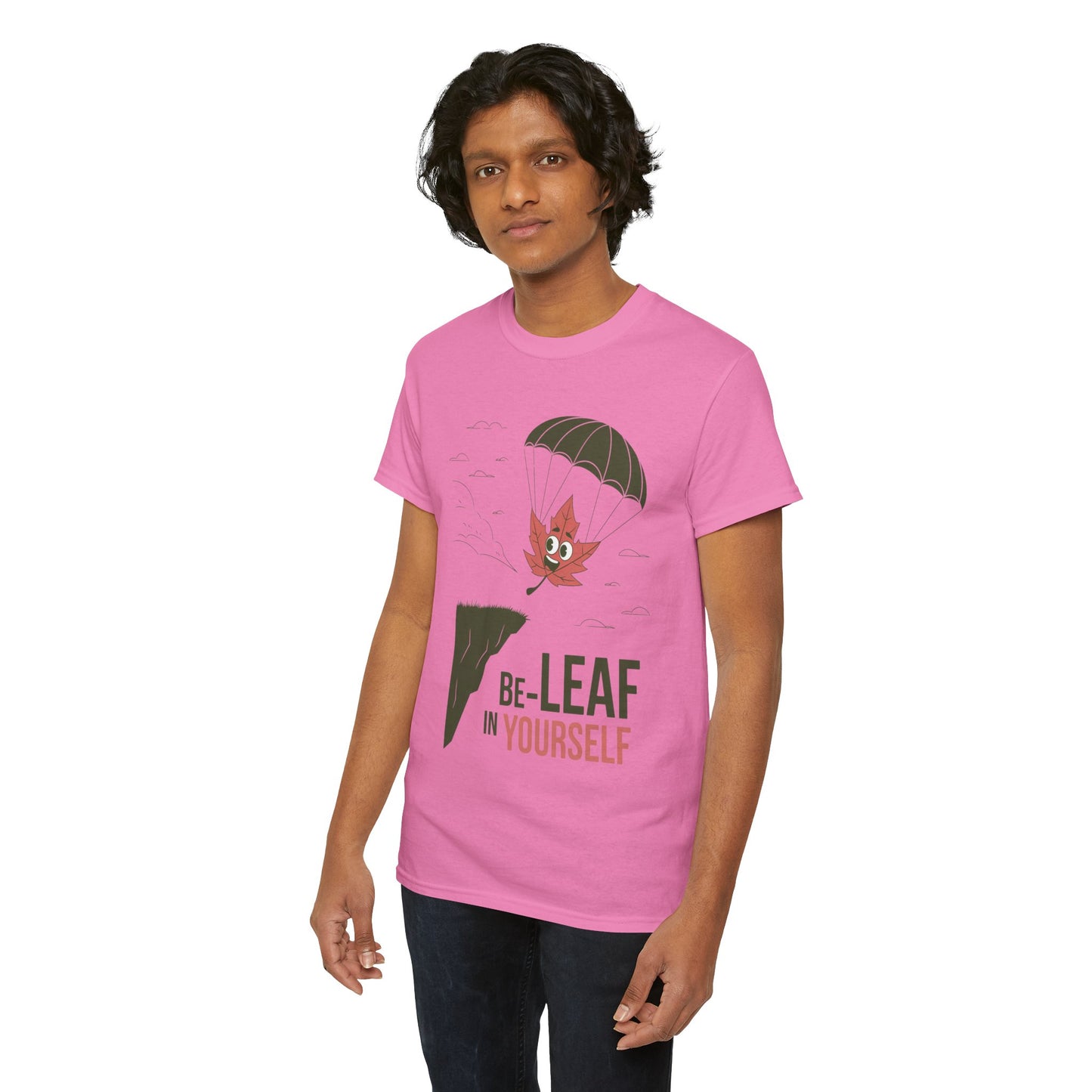 Be-Leaf In Yourself Maple Leaf Parachute T-Shirt | Funny Motivational Nature Graphic Tee | Self-Love Fall Autumn Shirt | Outdoorsy Gift