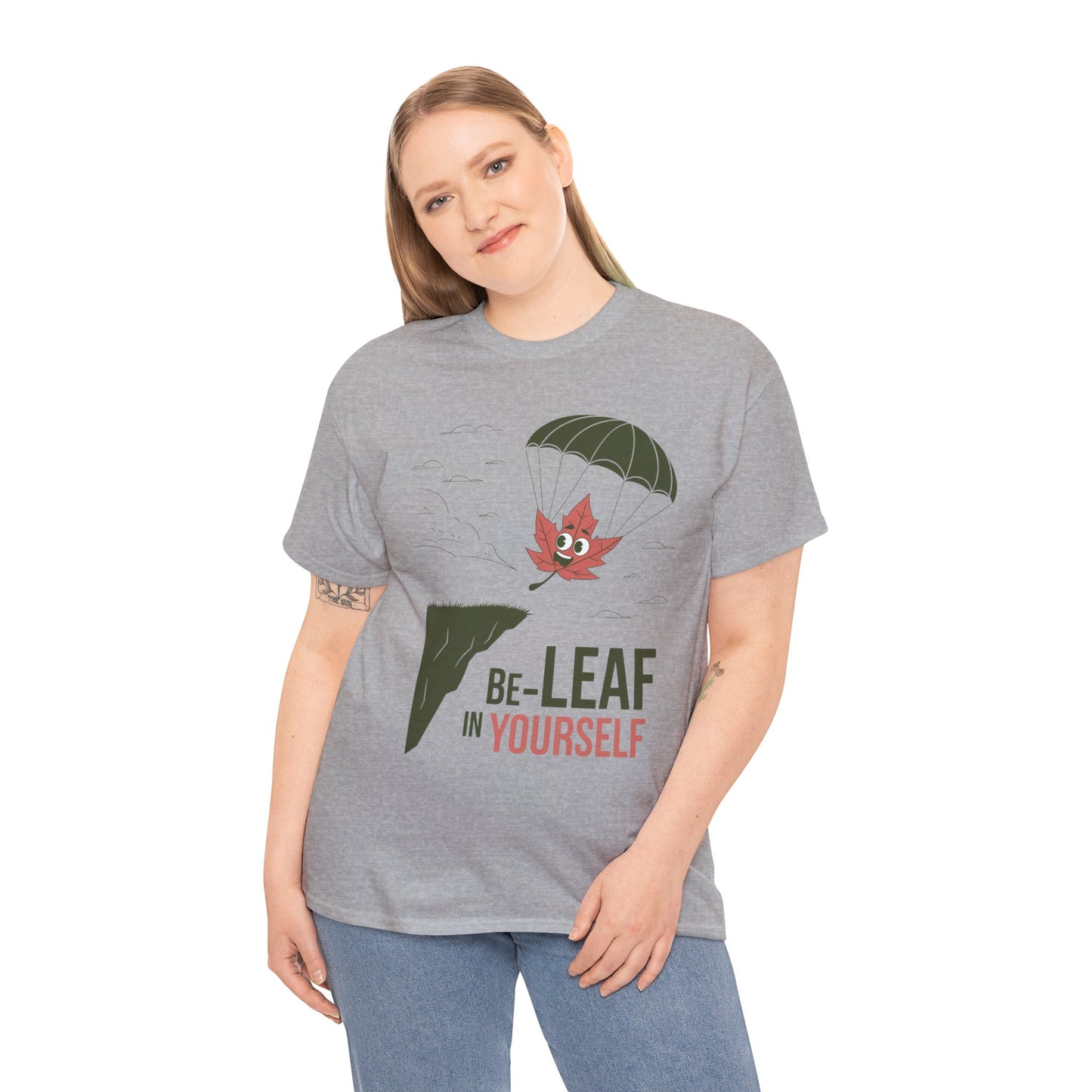 Be-Leaf In Yourself Maple Leaf Parachute T-Shirt | Funny Motivational Nature Graphic Tee | Self-Love Fall Autumn Shirt | Outdoorsy Gift