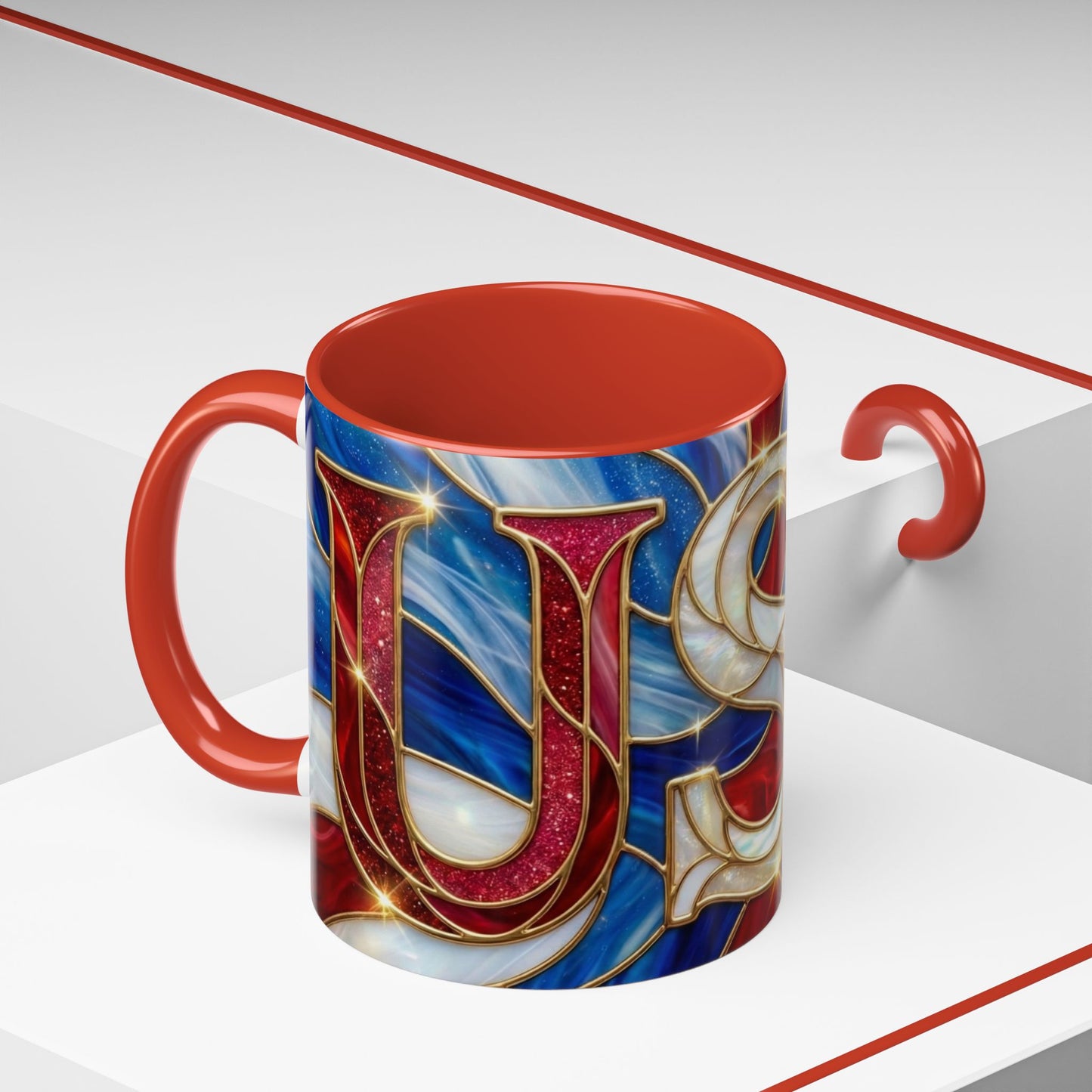 USA Patriotic Coffee Mug, Stained Glass USA Mug, Red White Blue Ceramic Mug, American Flag Style Mug, 11oz 15oz Mug