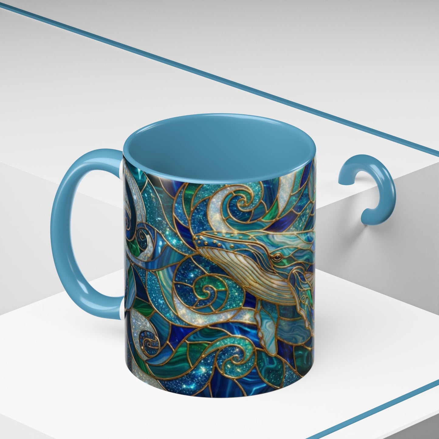 Stained Glass Whale Mug, Ocean Art Coffee Cup, Blue Sea Life Design, Nautical Gift For Ocean Lovers, Colorful Stained Glass Whale Cup