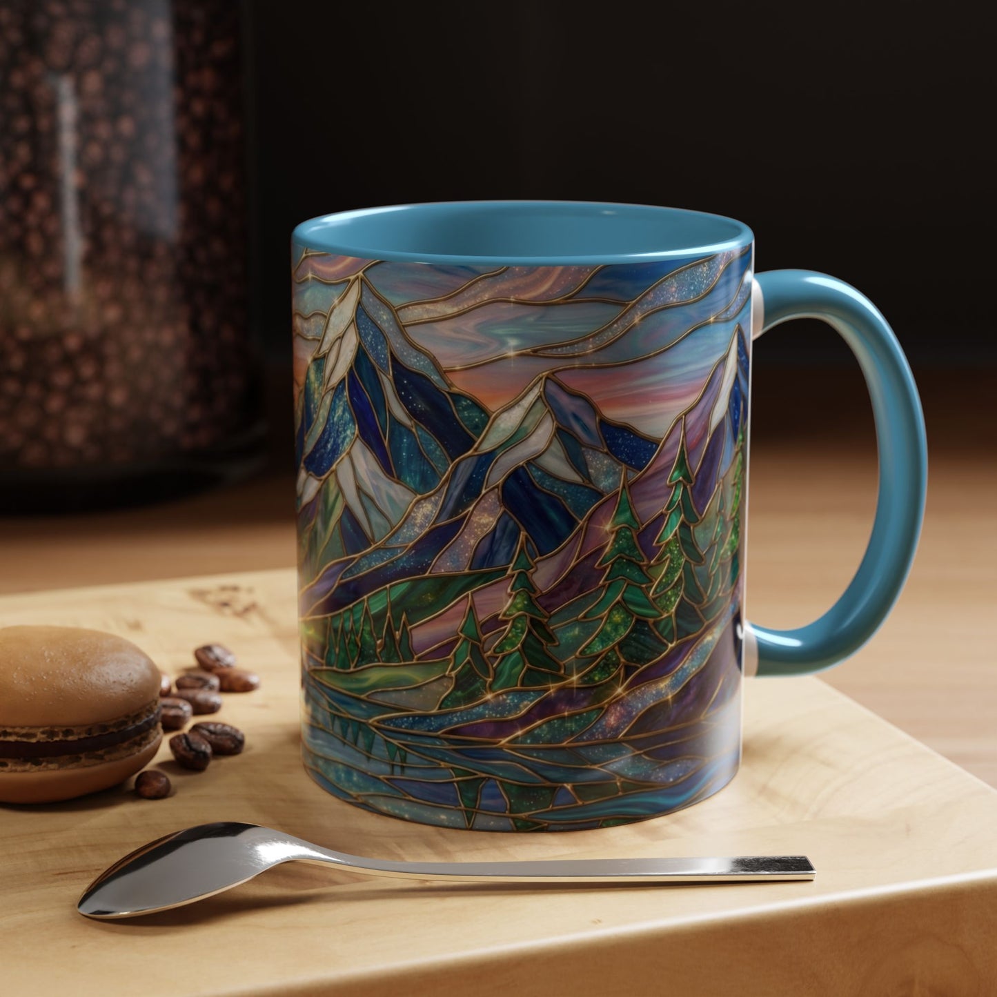 Stained Glass Mountain Mug, Sunset Mountain Landscape Coffee Cup, Nature Ceramic Mug With Forest And River, 11oz 15oz Gift