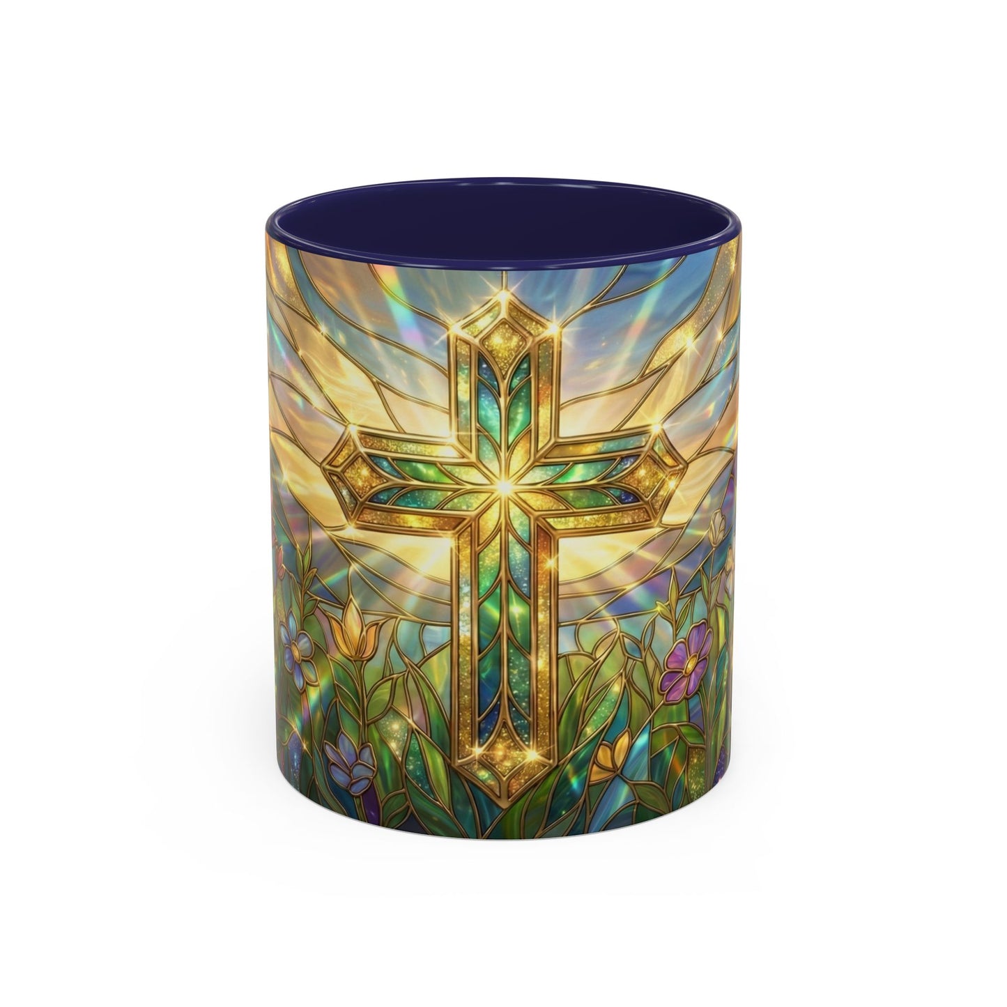 Stained Glass Cross Mug, Christian Coffee Cup With Floral Design, Faith Inspired Ceramic Mug, Religious Gift, 11oz 15oz