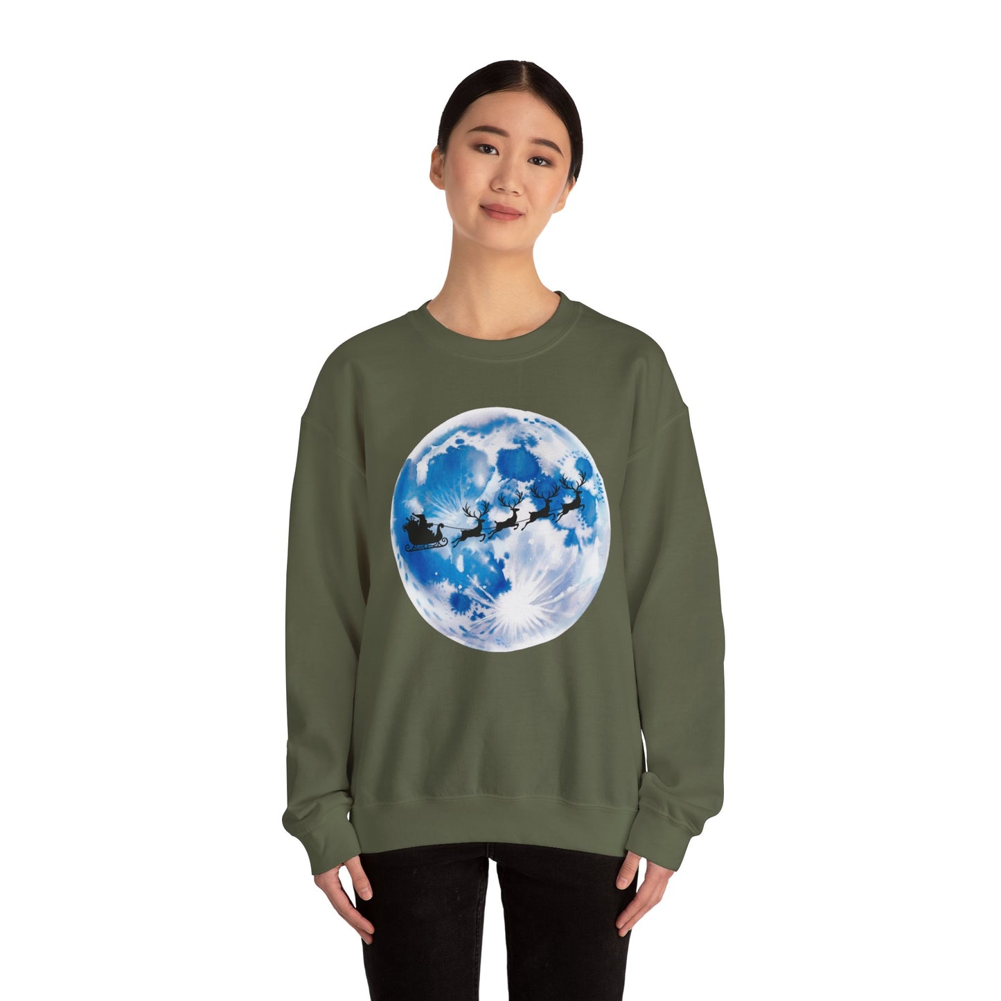 Santa And Reindeer Full Moon Christmas Sweatshirt, Holiday Night Sky Sweater, Cozy Unisex Crewneck, Festive Gift For Christmas Lovers