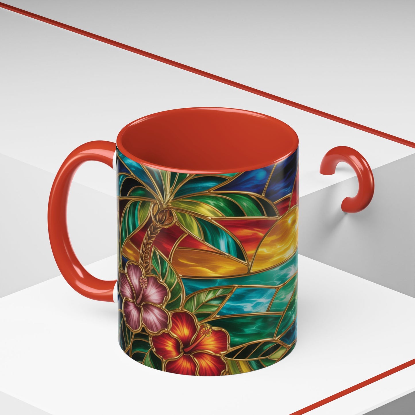 Stained Glass Tropical Sunset Mug, Hibiscus Flower Coffee Cup, Beach Lover Gift, Colorful Palm Tree Mug, Coastal Art Drinkware, Summer Cup