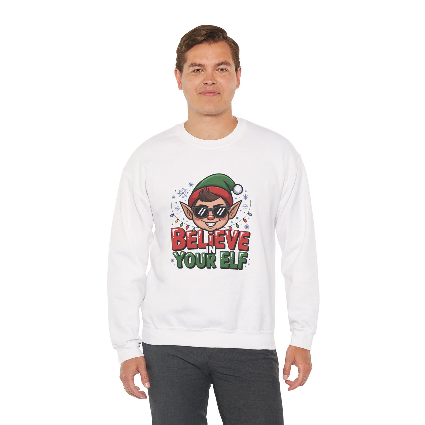 Believe In Your Elf Christmas Sweatshirt, Funny Elf Holiday Sweater, Unisex Christmas Crewneck, Festive Gift For Friends And Family