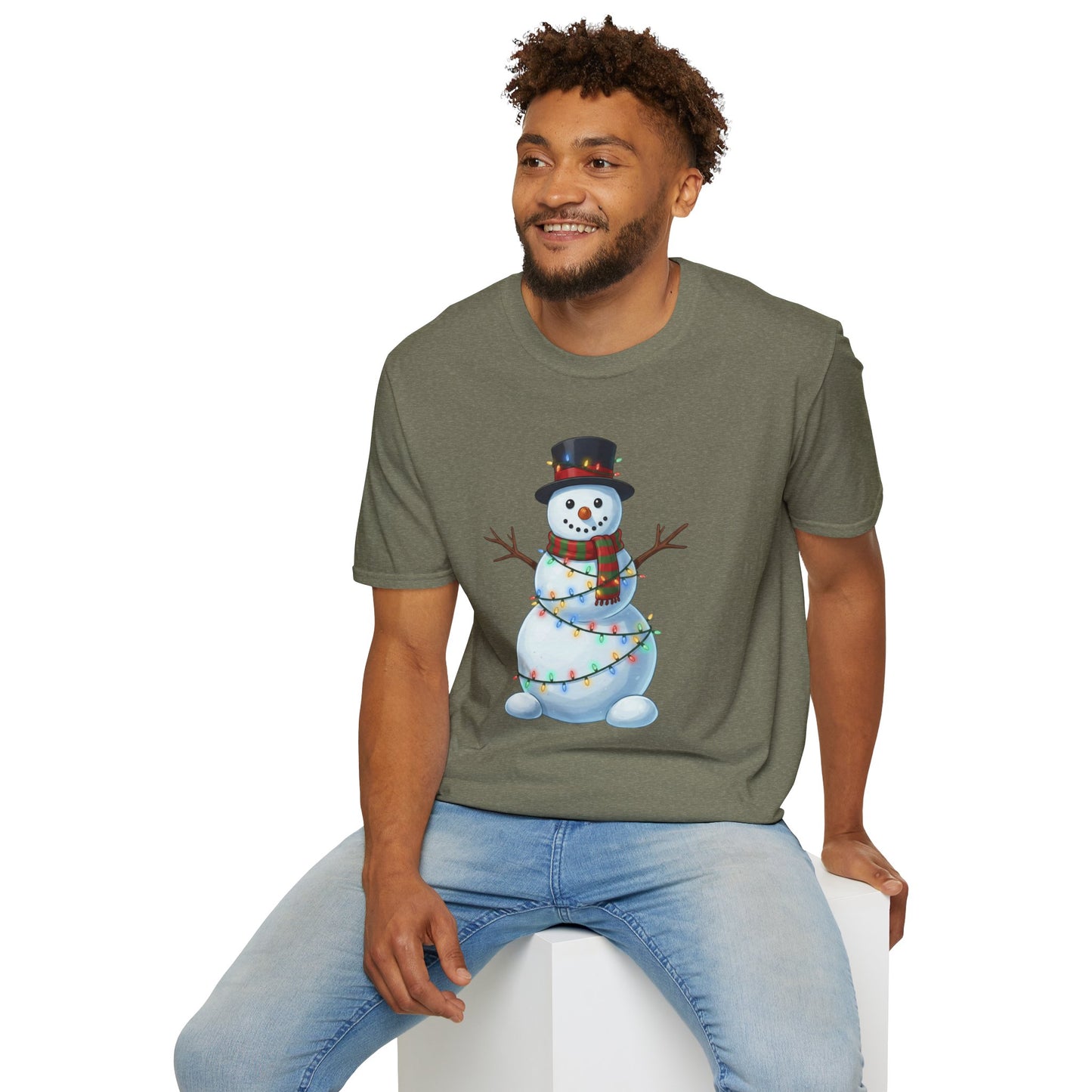 Cute Snowman Christmas Shirt, Snowman Wrapped in Christmas Lights Tee, Holiday Winter Snowman Top Hat Shirt, Funny Cozy Christmas T Shirt