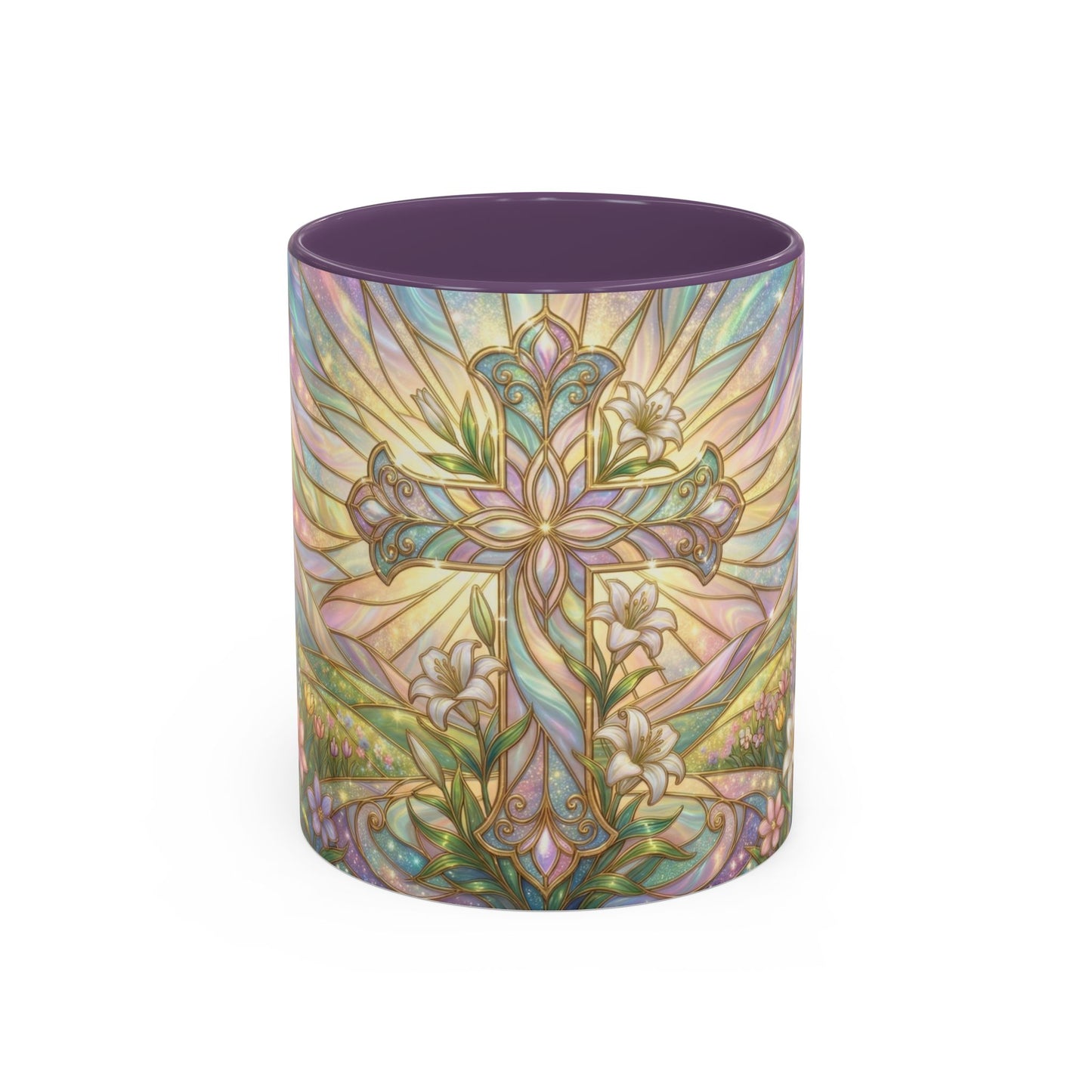 Stained Glass Cross Mug, Easter Lily Coffee Cup, Christian Religious Gift, Pastel Floral Faith Mug, Spring Believer Cup, Baptism Present