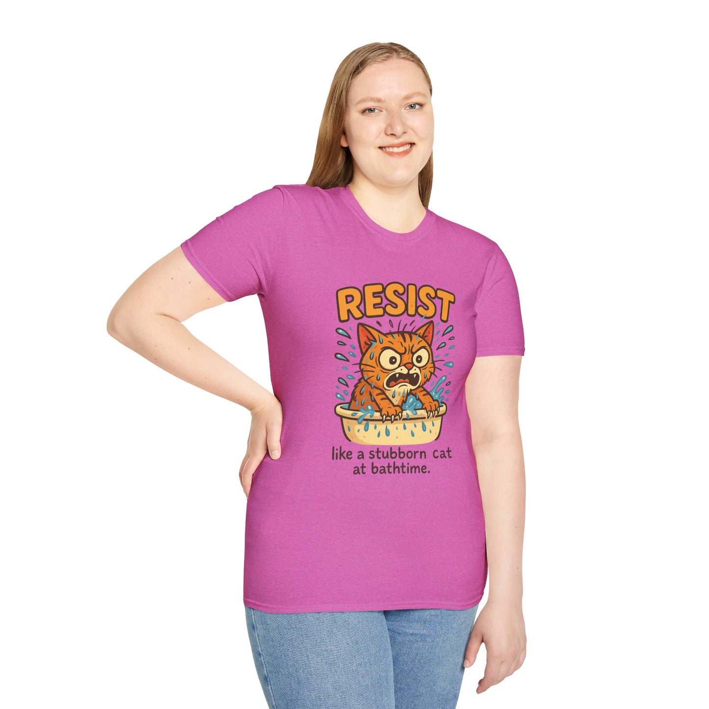 Resist Like A Stubborn Cat At Bathtime Funny Cat Lover Graphic Tee - Quirky Self Care Shirt - Gift For Pet Moms, Dads and Humor Fans