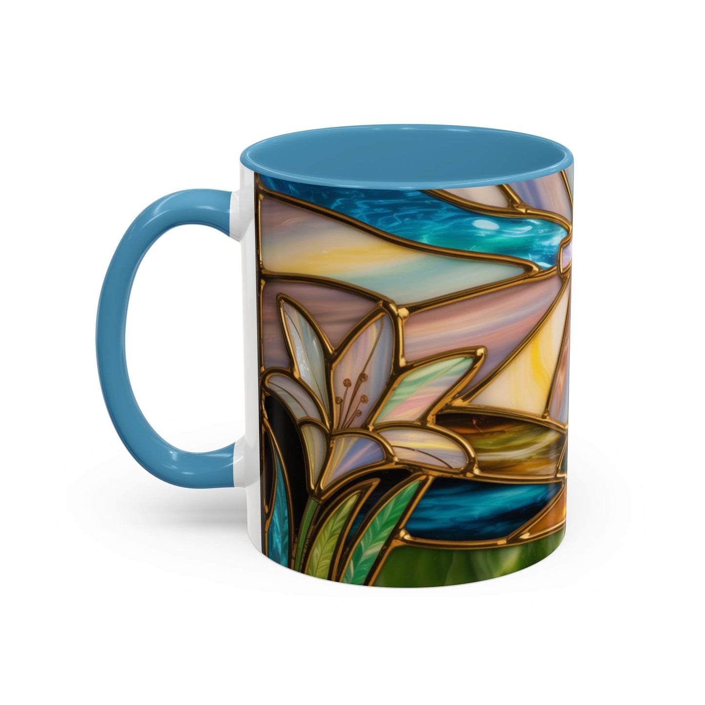 Stained Glass Cross Mug, Christian Sunrise Coffee Cup, Religious Floral Art Mug, Inspirational Faith Gift For Women, Colorful Stained Glass Design
