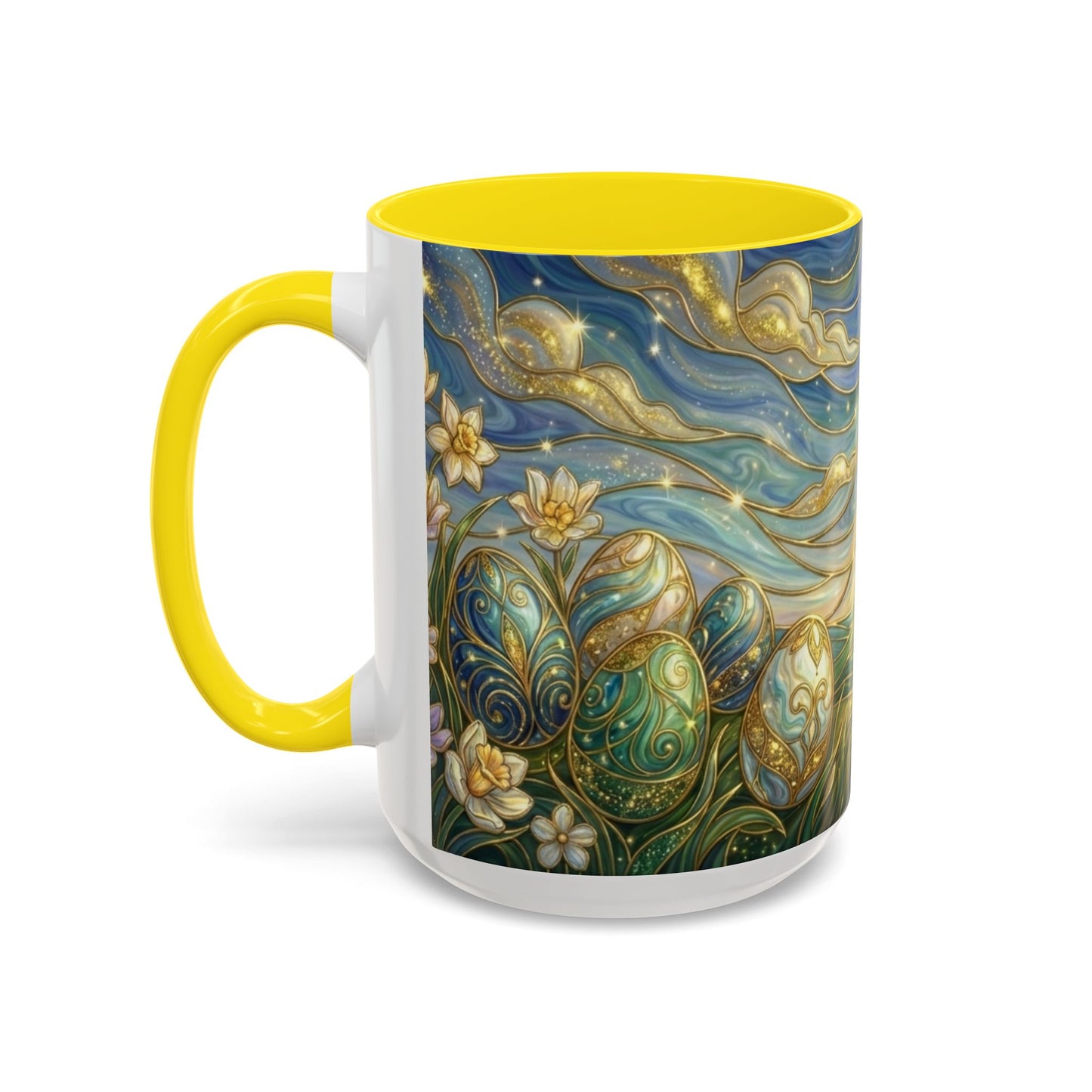 Stained Glass Easter Egg Mug, Magical Spring Floral Coffee Cup, Art Nouveau Fantasy Teacup, Elegant Celestial Starry Sky Mug Gift Idea