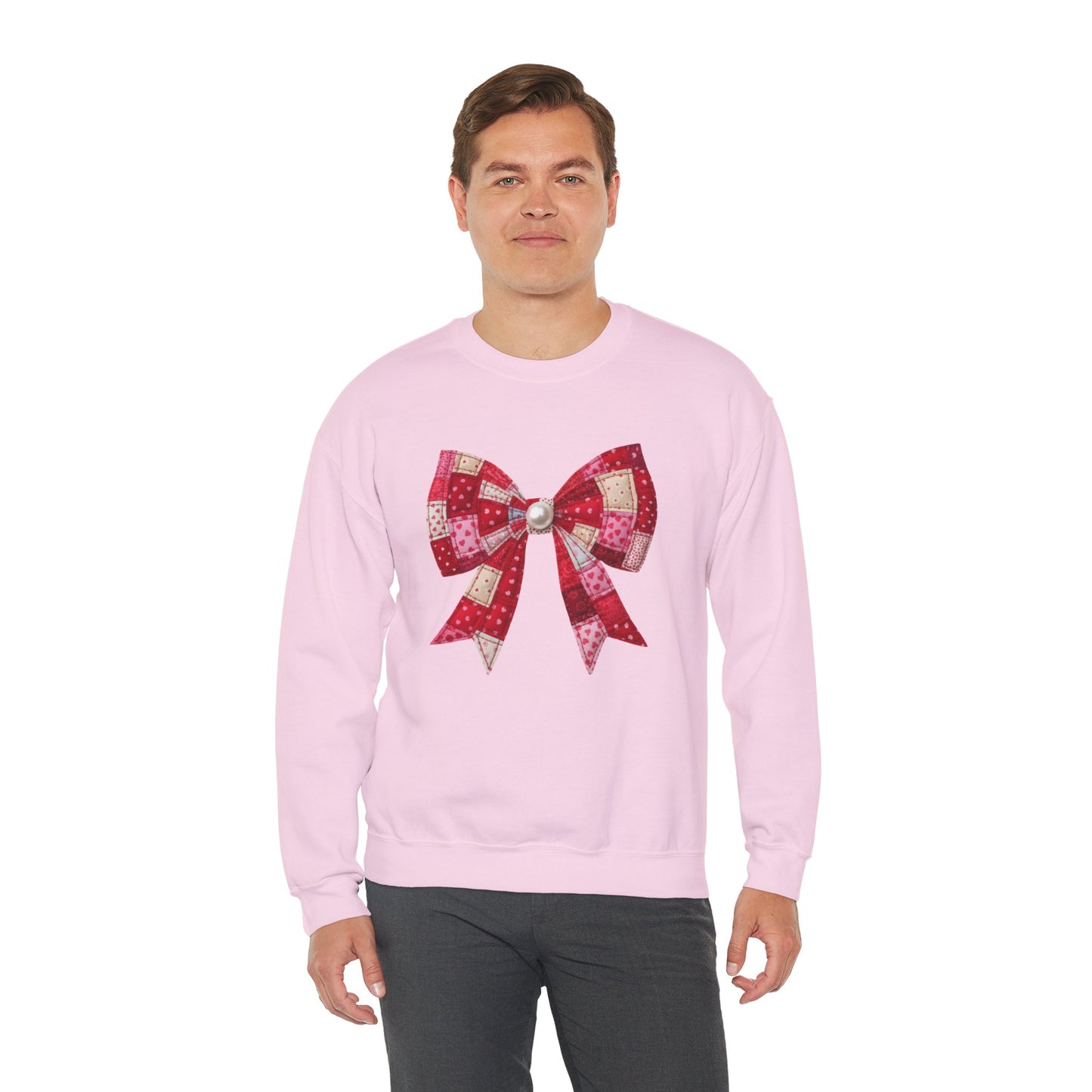 Faux Patchwork Bow Sweatshirt, Quilted Look Bow Crewneck, Pearl Center Bow Pullover, Cozy Coquette Sweatshirt, Girly Gift