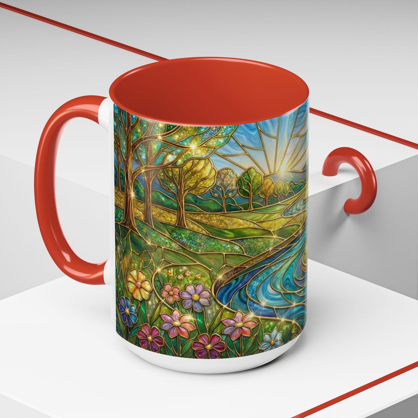 Stained Glass Mug, River Landscape Coffee Cup, Nature Lover Gift, Floral Tea Mug, Gardener Present, Art Teacher Gift, Colorful Scenery Cup