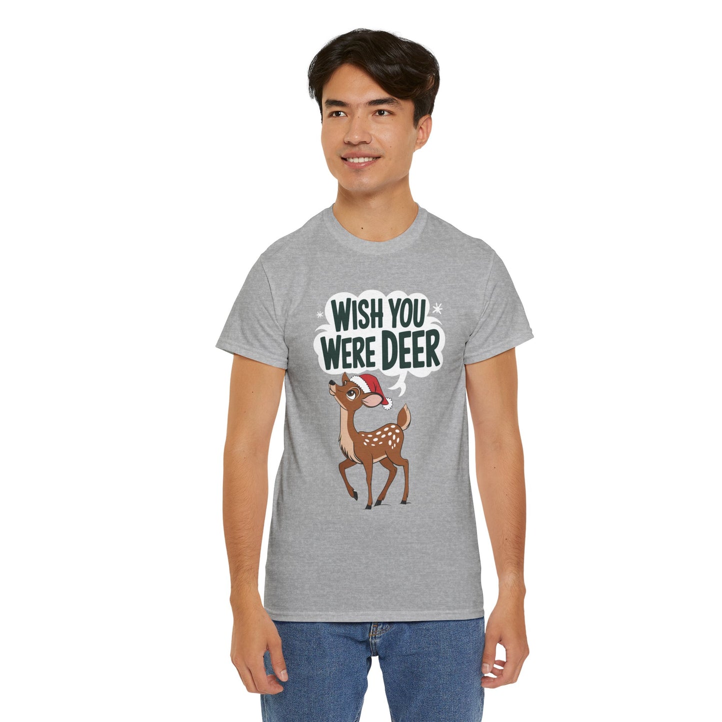 Wish You Were Deer Funny Christmas T-Shirt, Cute Reindeer Holiday Tee, Pun Christmas Shirt, Festive Santa Hat Deer Graphic Tee Gift