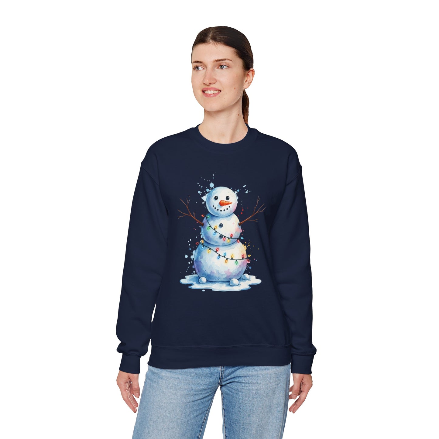 Watercolor Snowman Christmas Sweatshirt, Cute Snowman Crewneck for Winter, Holiday Lights Snowman Sweater, Cozy Unisex Christmas Gift