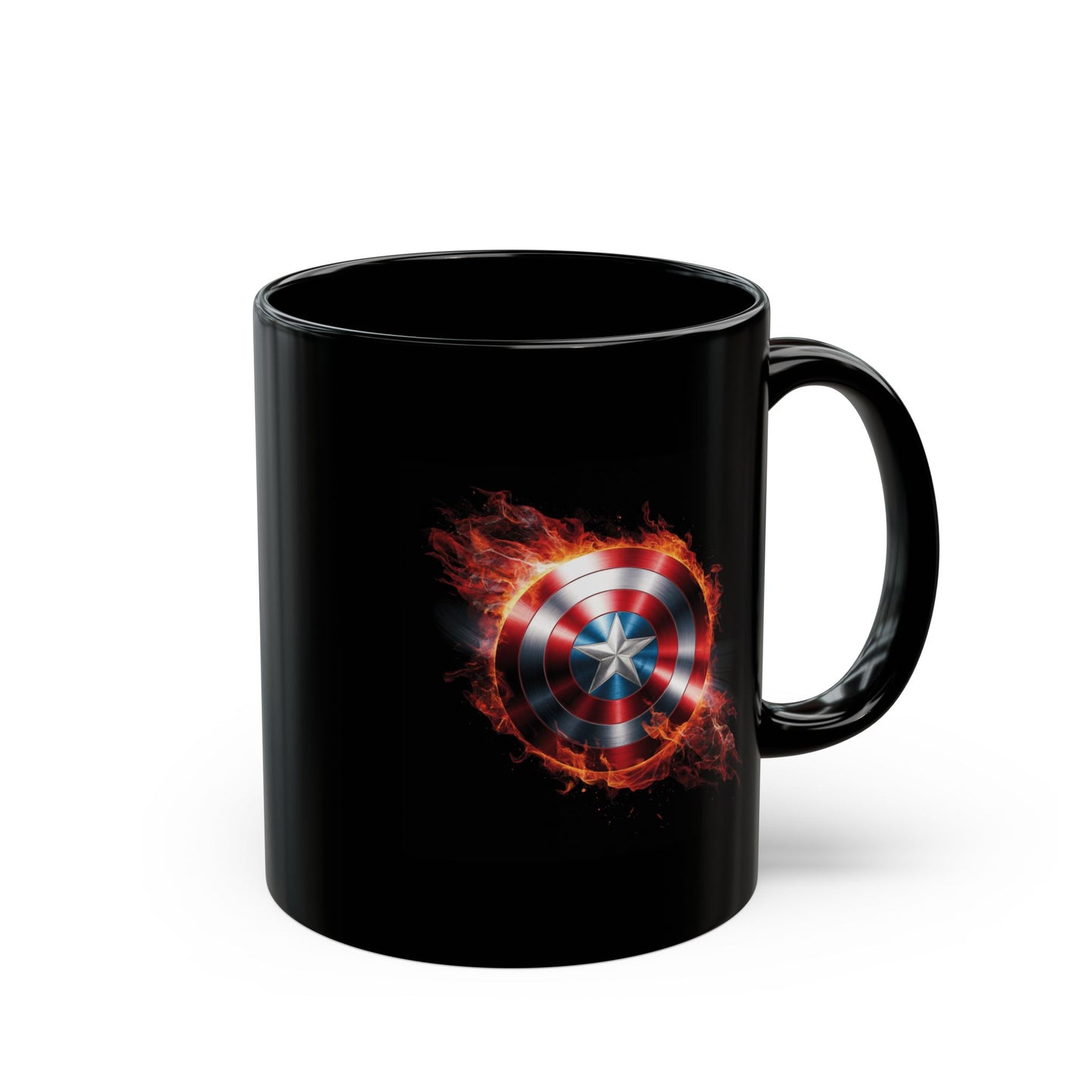 Flaming Shield Emblem Mug - Fiery Red White Blue Star Coffee Cup, Metal-Inspired Symbol Design, Bold Hero Vibes Gift for Fans and Coffee Lovers