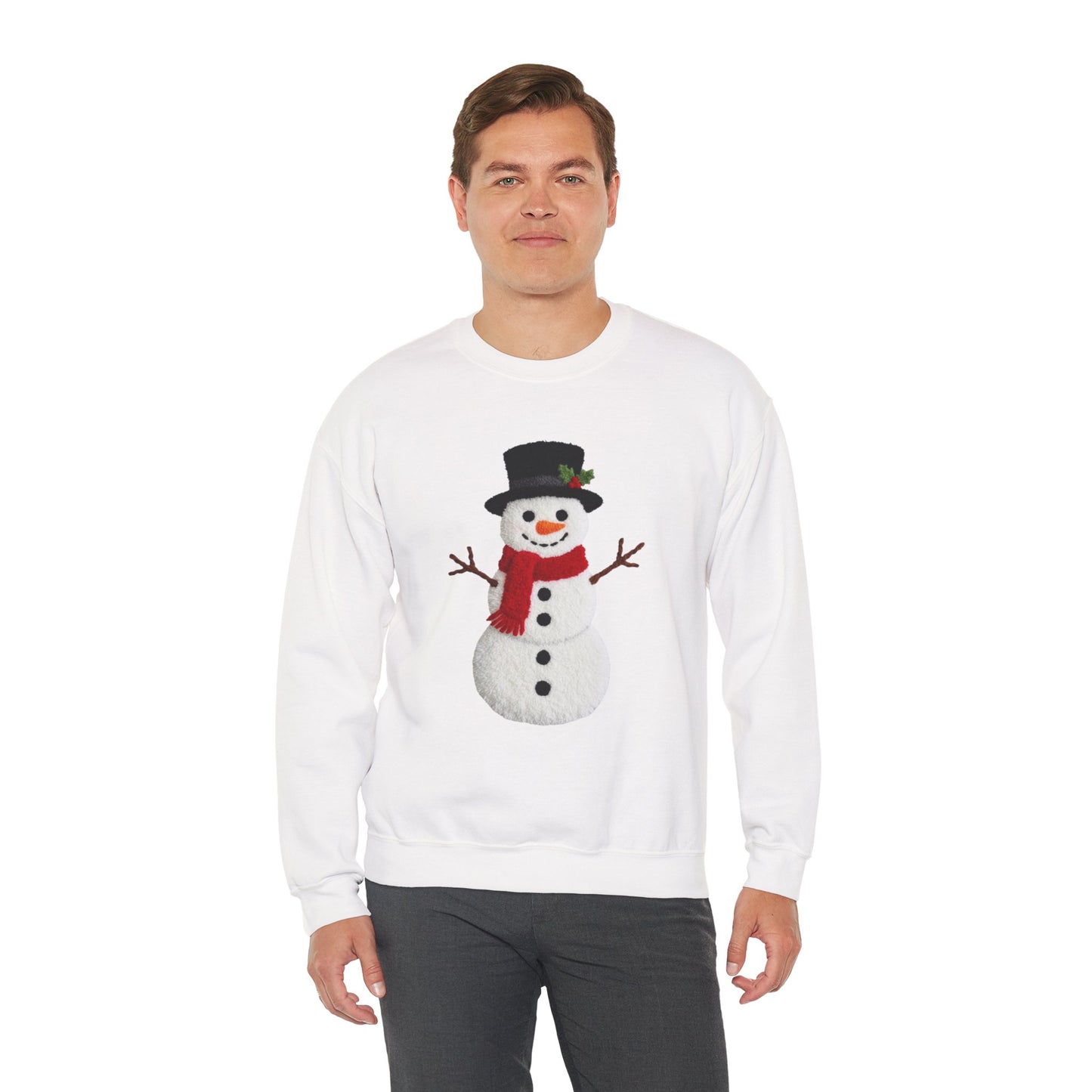 Faux Patchwork Crochet Snowman Sweatshirt, Winter Snowman Crewneck, Cozy Holiday Sweater, Christmas Sweatshirt, Festive Winter Shirt, unisex gift
